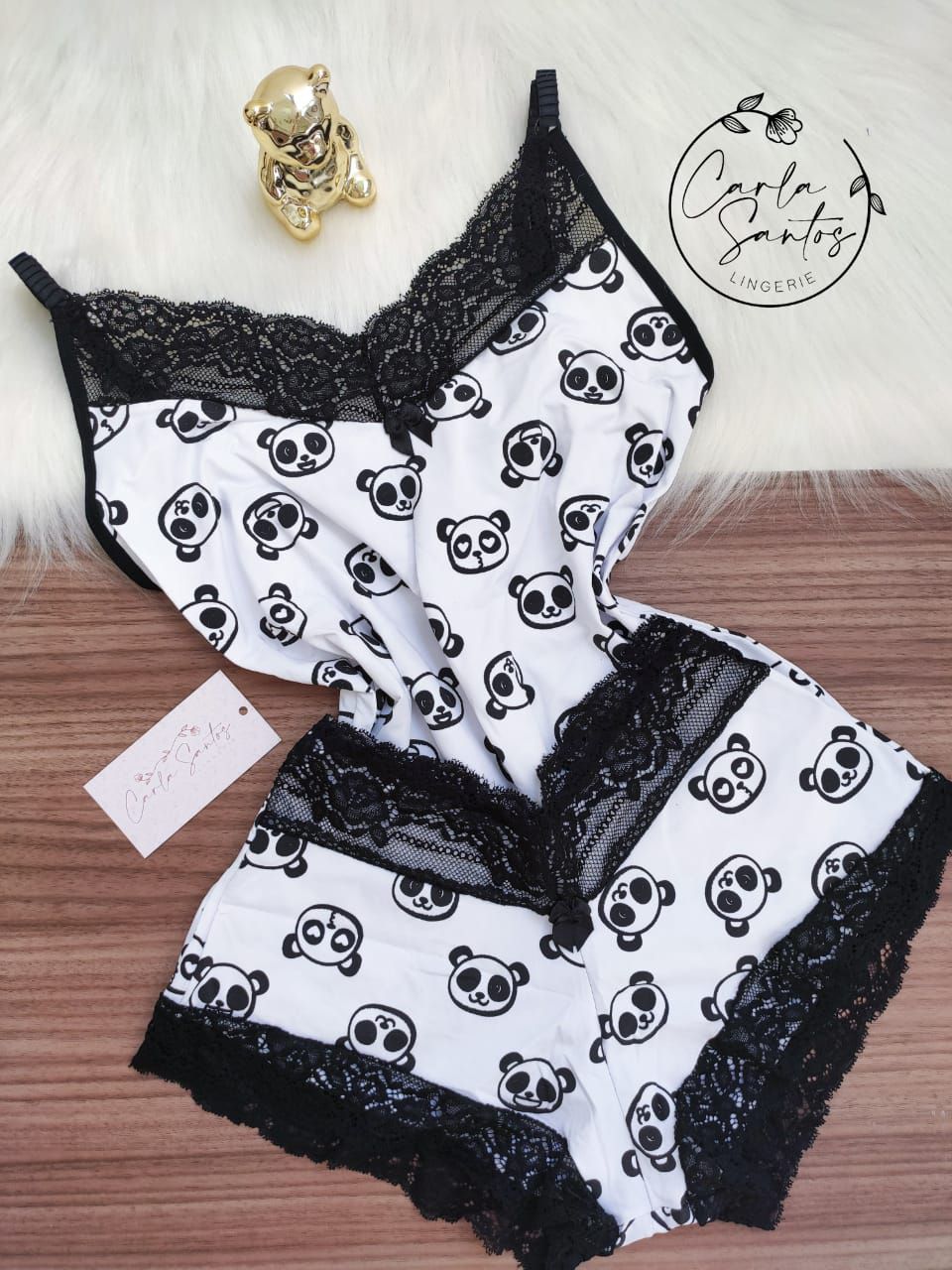 Babydoll Microfibra e renda Estampado Panda Carla Santos As