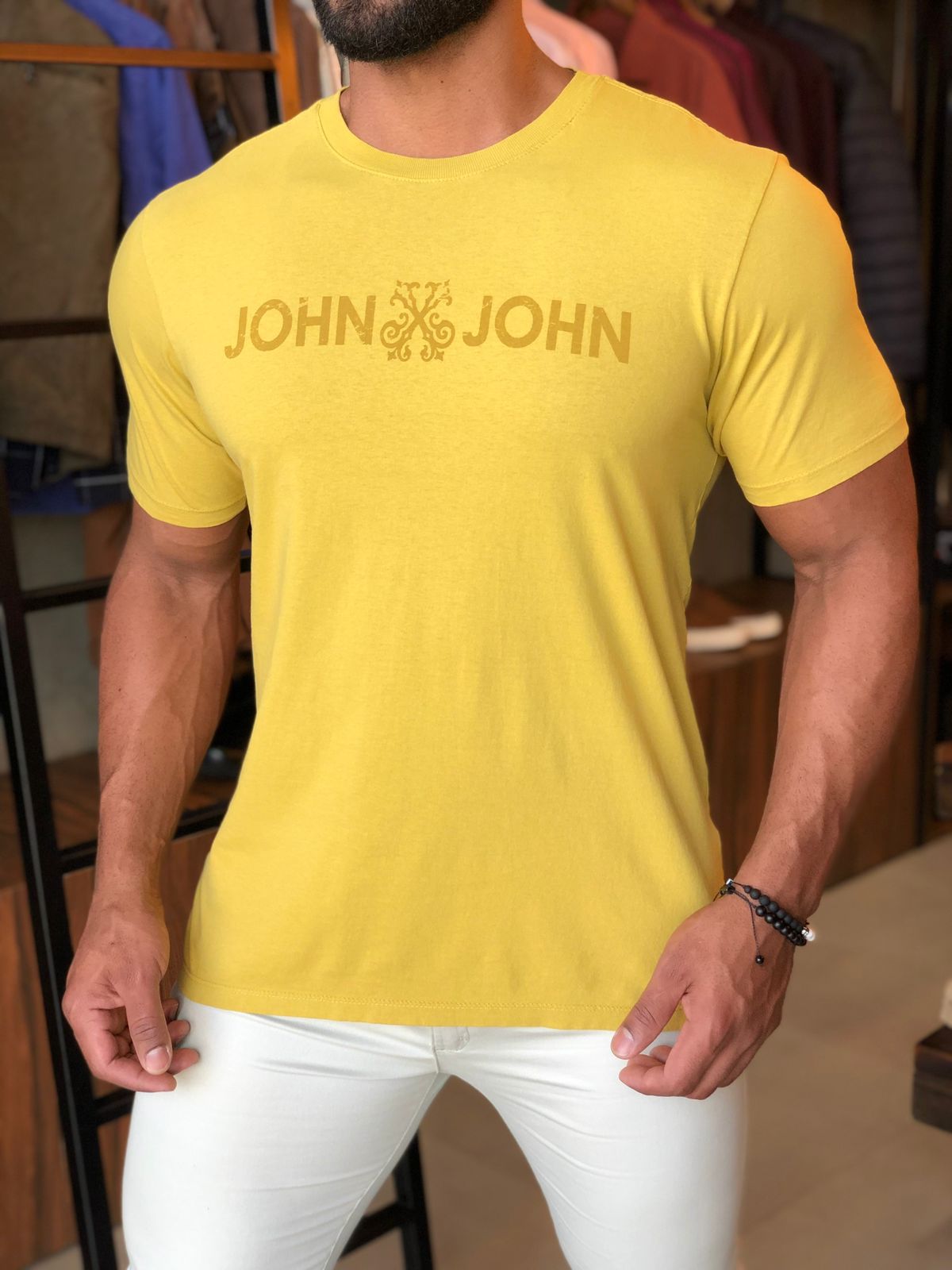 Camiseta John John Basic Masculina - Preto Fosco+Amarelo