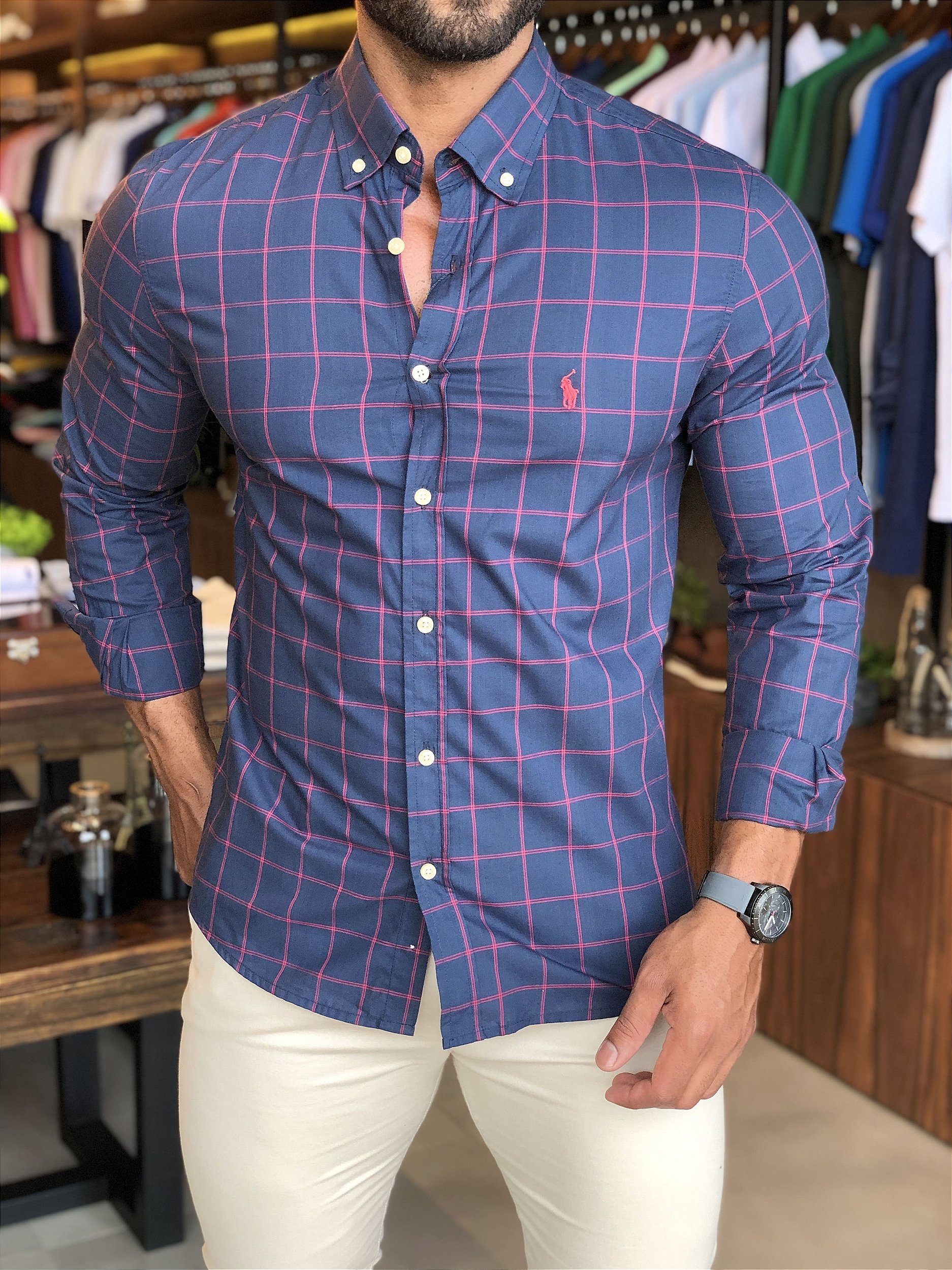 CAMISA RALPH LAUREN XADREZ ROSA ML PONEI VERDE - HENRI STORE MULTIMARCAS