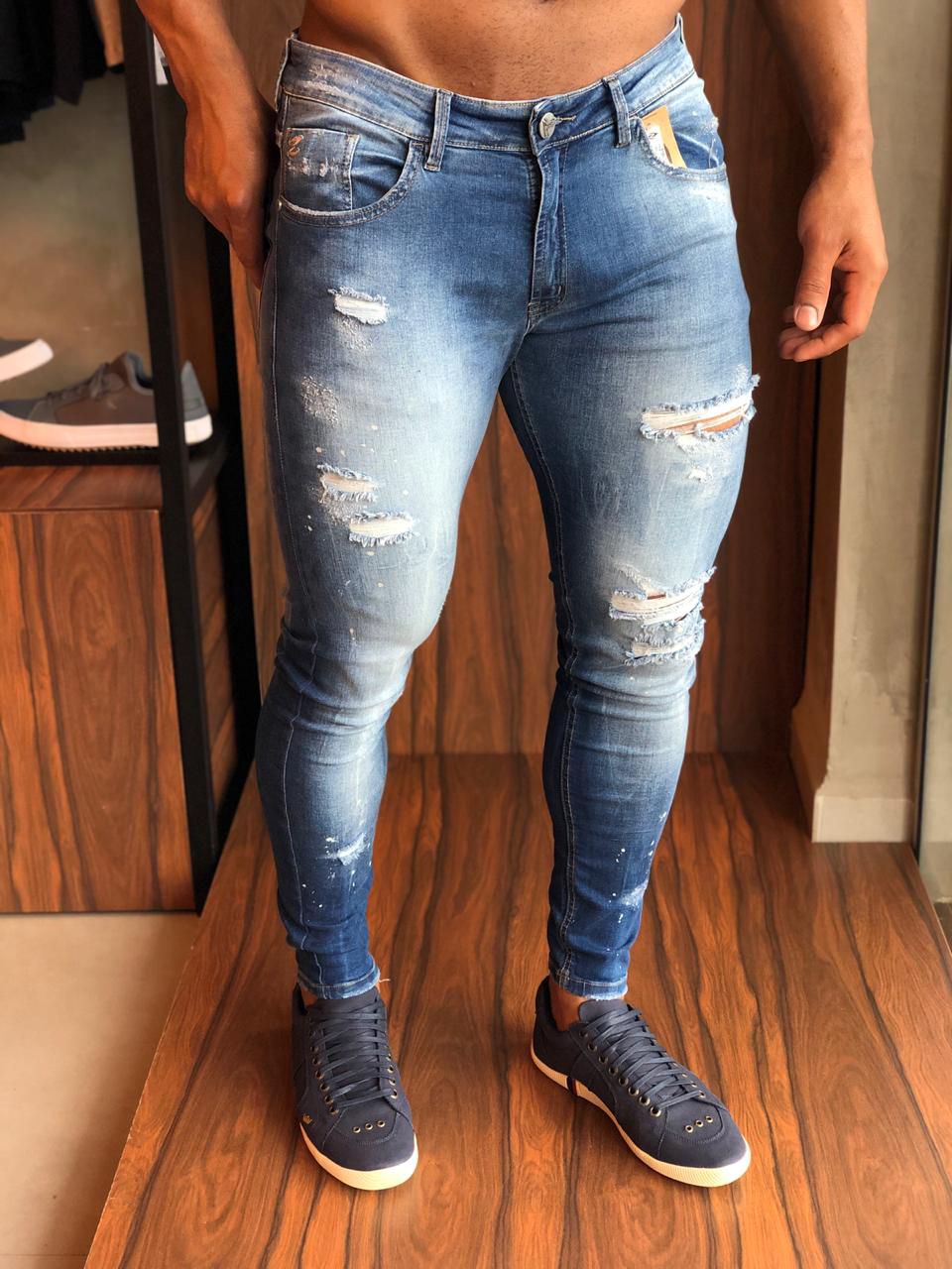 CALÇA ZIP OFF JEANS SUPER SKINNY DETALHE RESPINGOS HENRI STORE