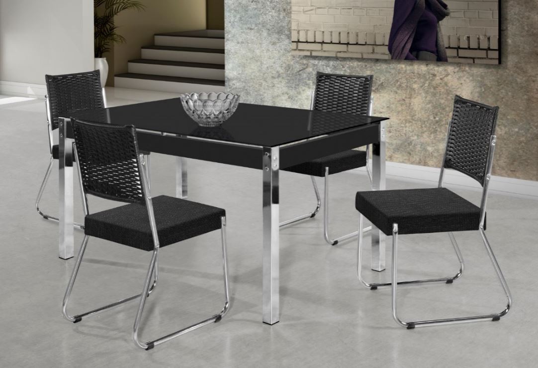 CONJUNTO MESA 4 CADEIRAS FORMATO CROMADA 1,20X0,80 COM VIDRO PRETO E CORINO  PRETO - ATACADÃO DOS ELETROS