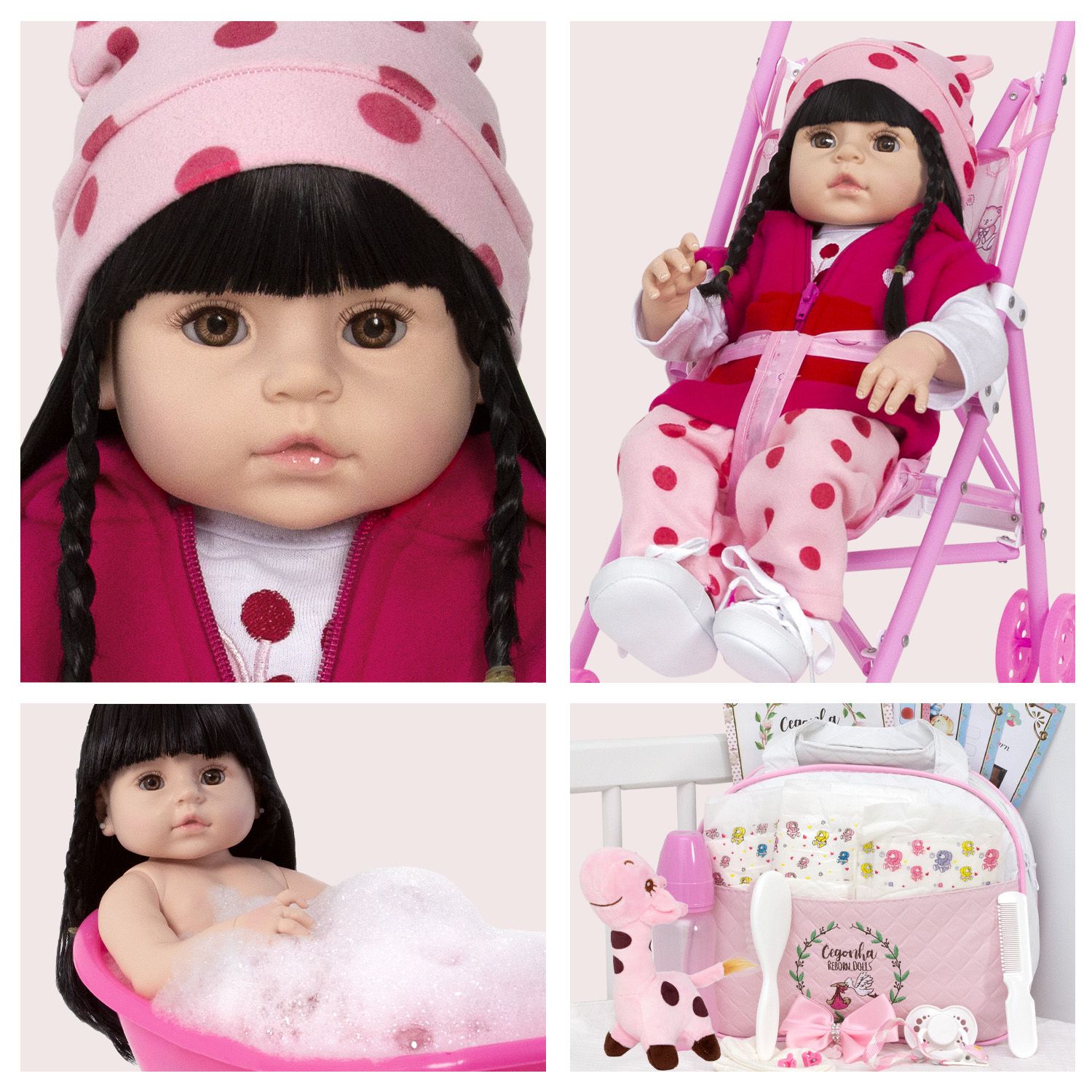 Kit Boneca Menina Realista + Carrinho Passeio + Bolsa + Jogo