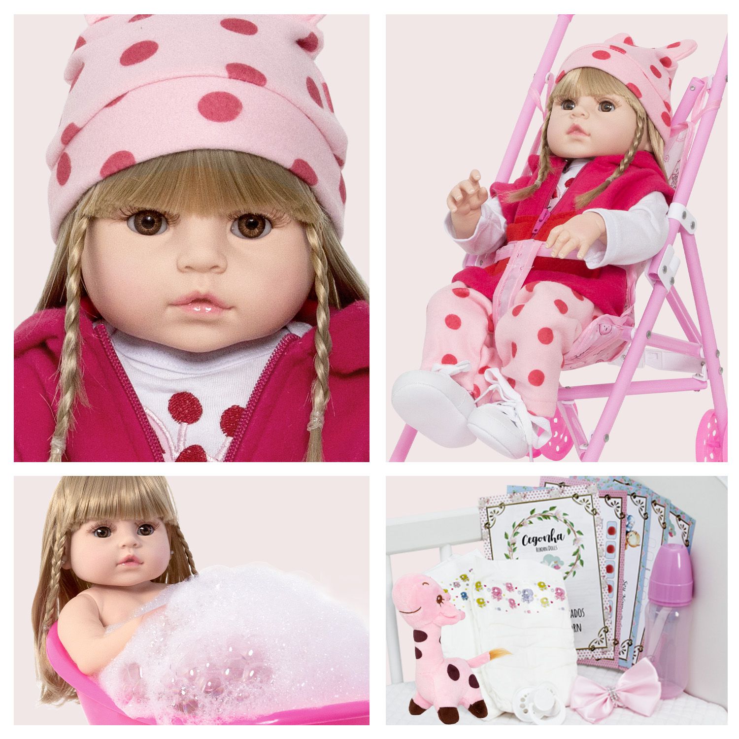 Kit Boneca Menina Realista + Carrinho Passeio + Bolsa + Jogo