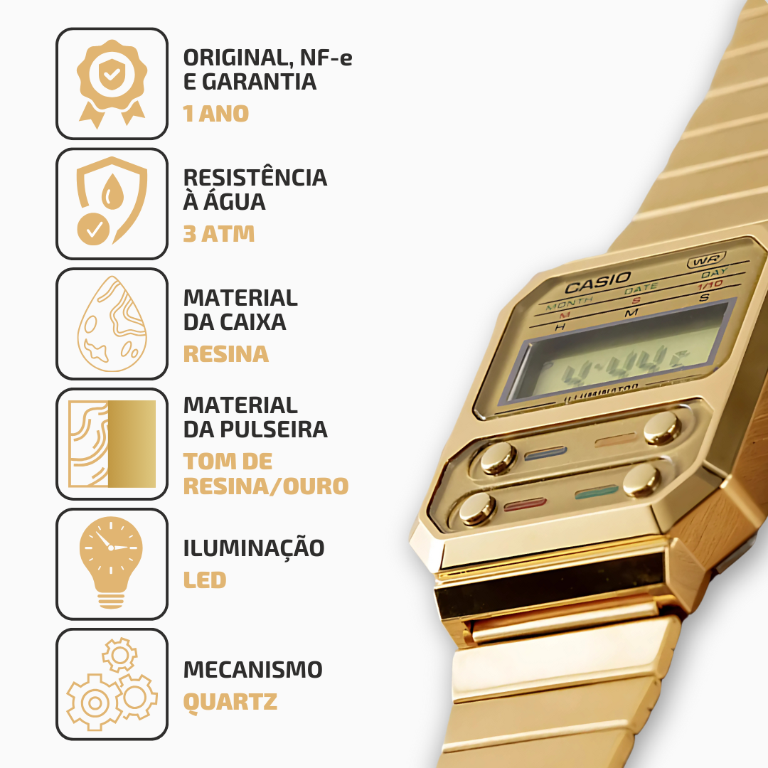 Relógio Casio Vintage Retrofuturista Dourado A100WEG-9ADF - Moment