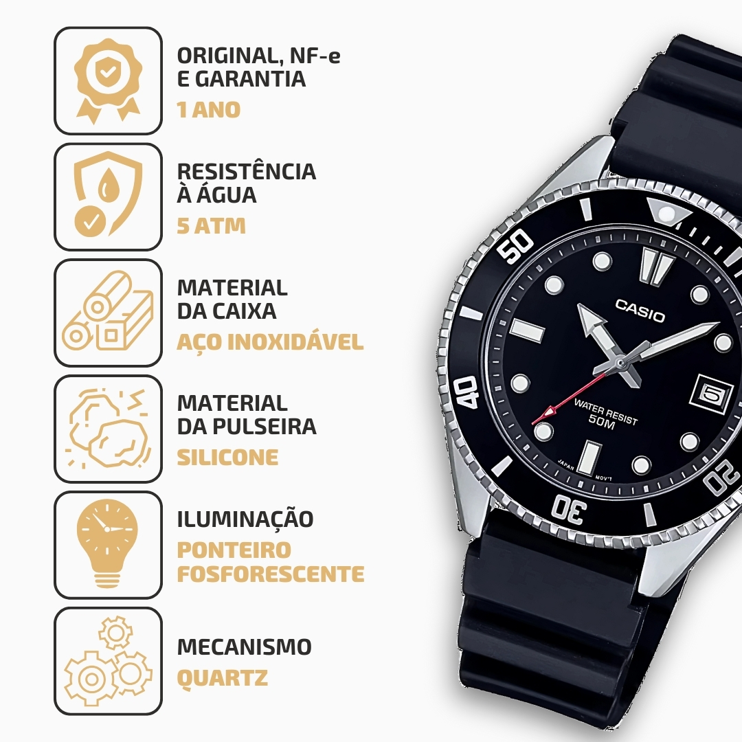 Relógio Casio Masculino Duro 38mm Bisel Preto Pulseira de Borracha MDV ...