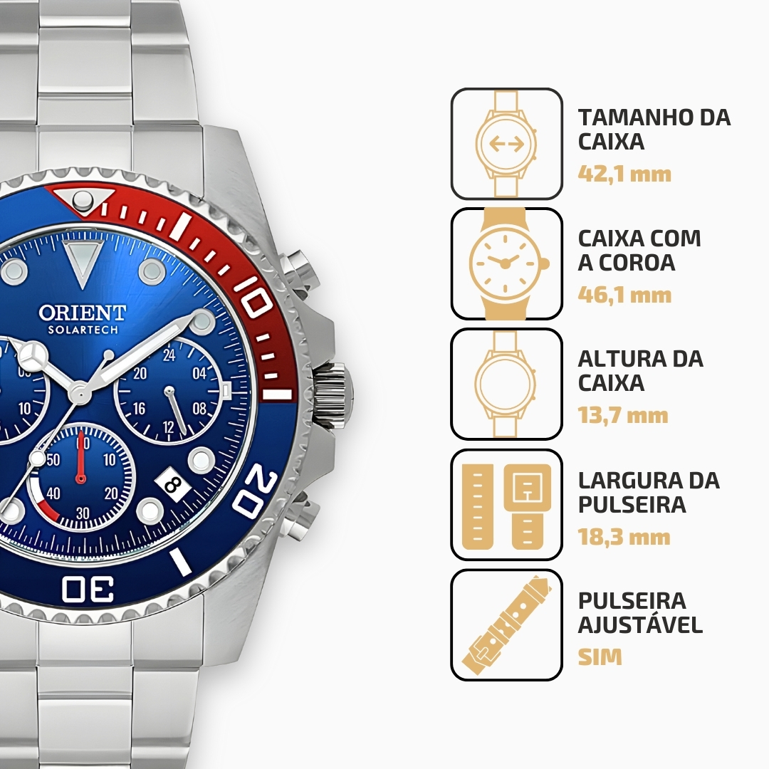 Relógio Orient Masculino Pepsi Solartech Cronógrafo Prateado