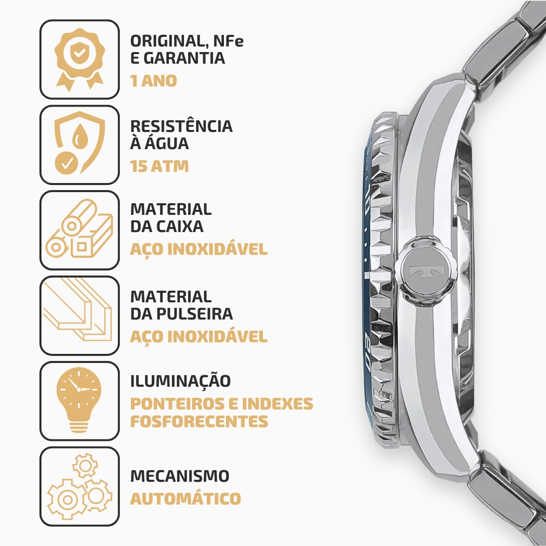 Relógio Technos Masculino Automático Diver Fundo Azul 8205OX/1A