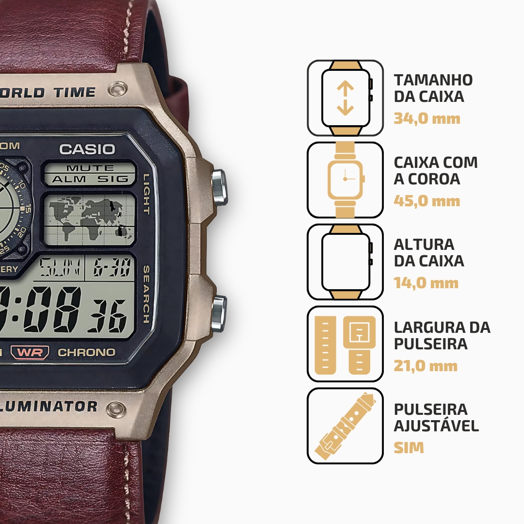 Relógio Casio World Time Digital Masculino Marrom Couro