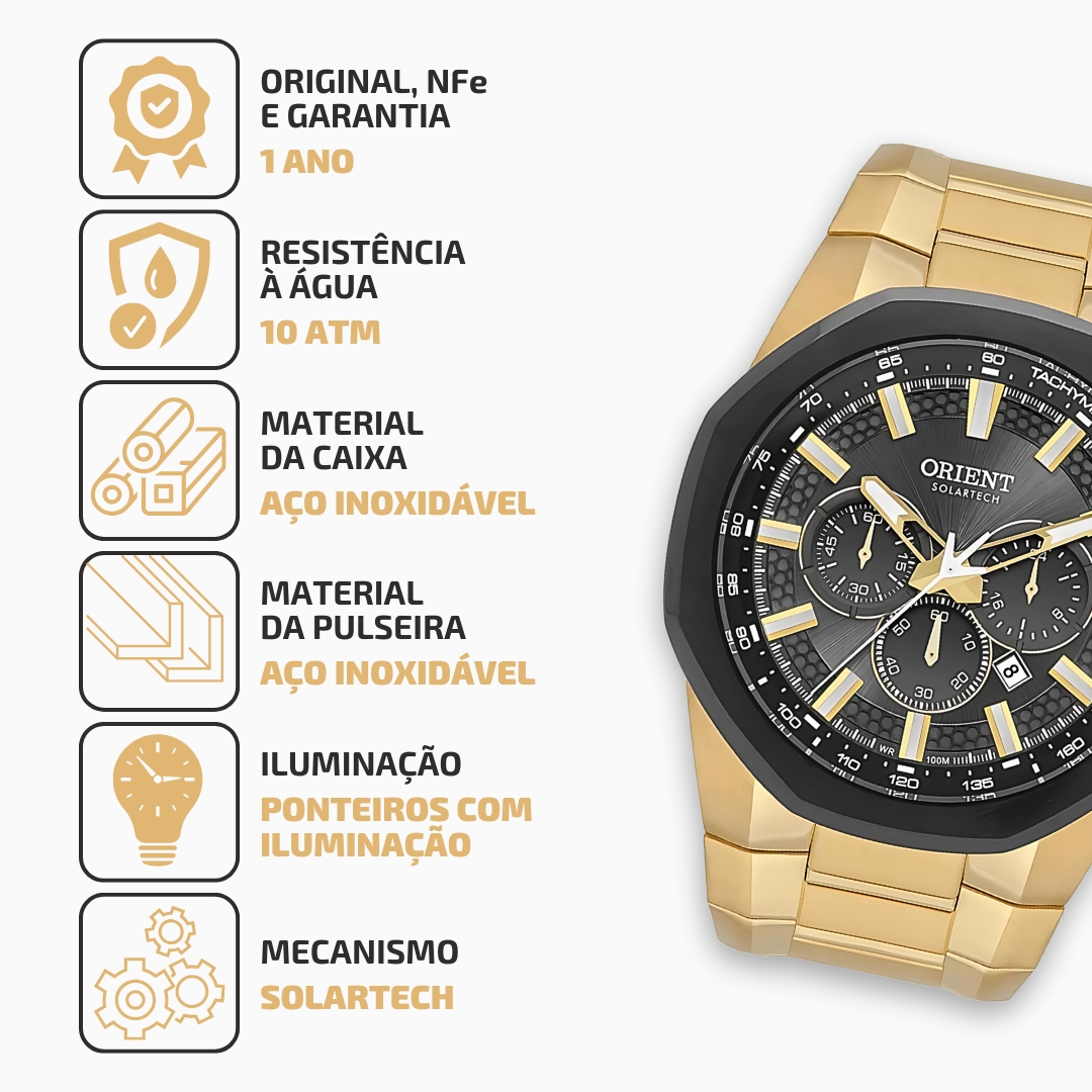 Relógio Orient MGSSC058G1KX Solartech Masculino Dourado Solar 100m