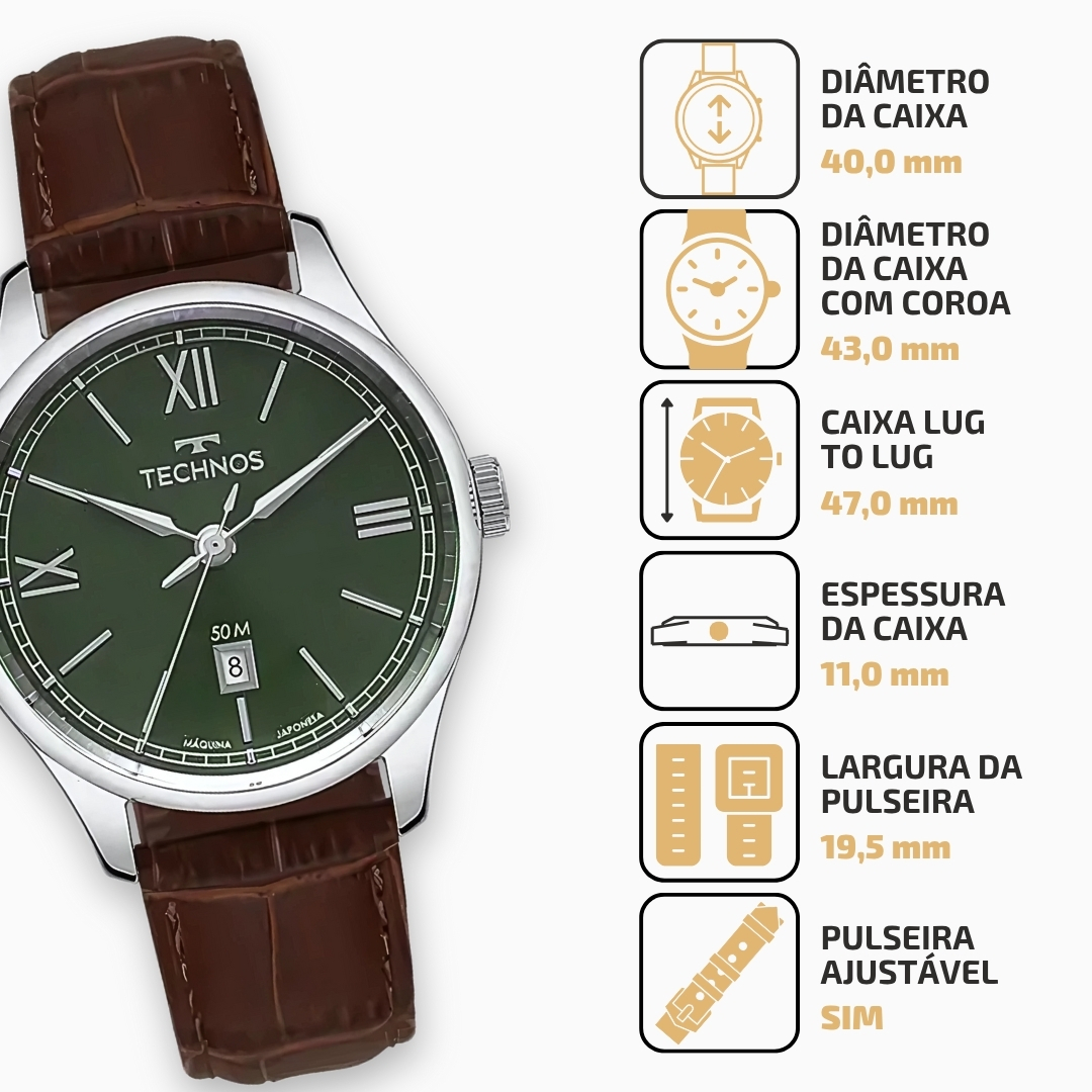 Relógio Technos 2115TZK/0E Masculino Verde Couro Vegano 50m