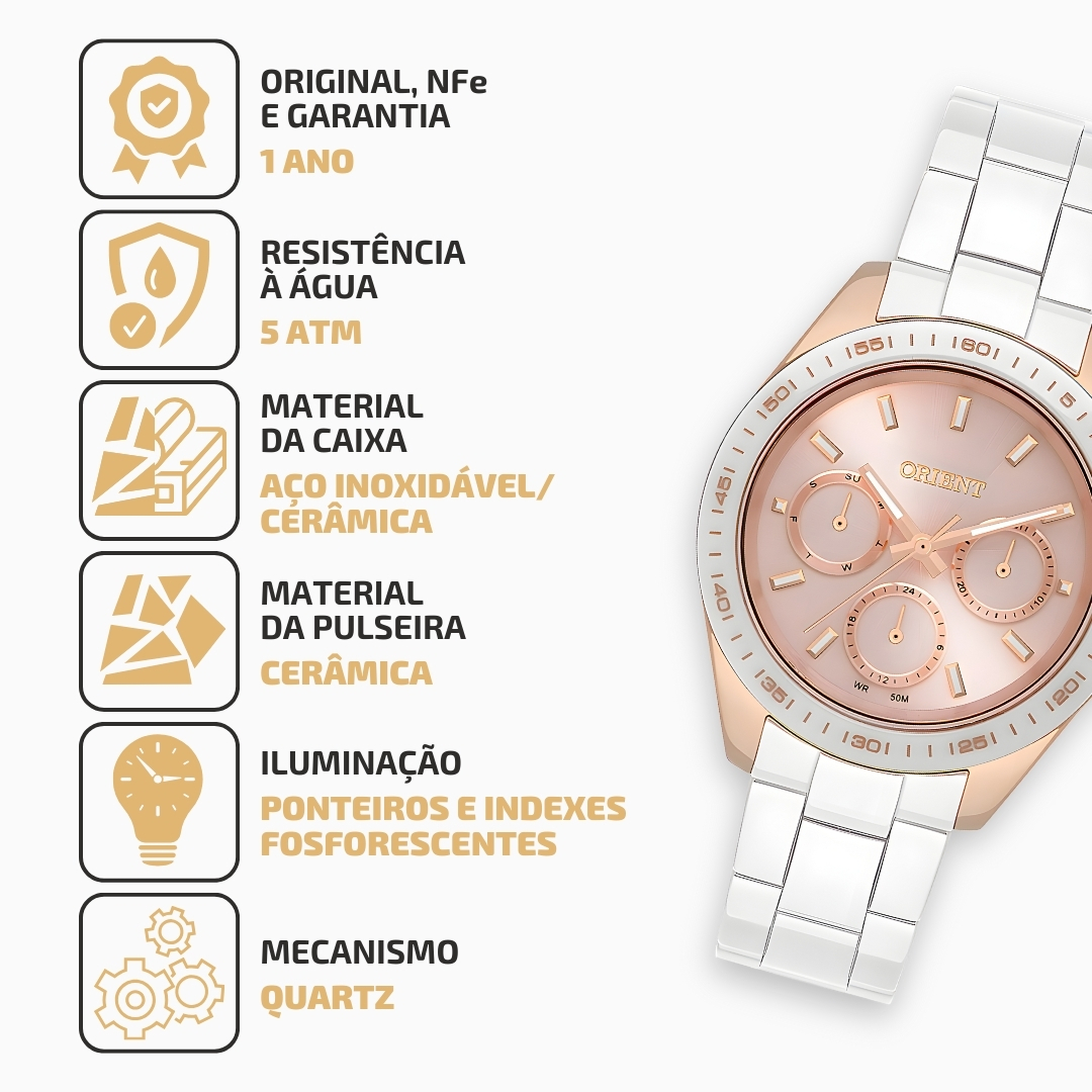 Relógio Orient Feminino Cerâmica Branco Rosê Multifunção