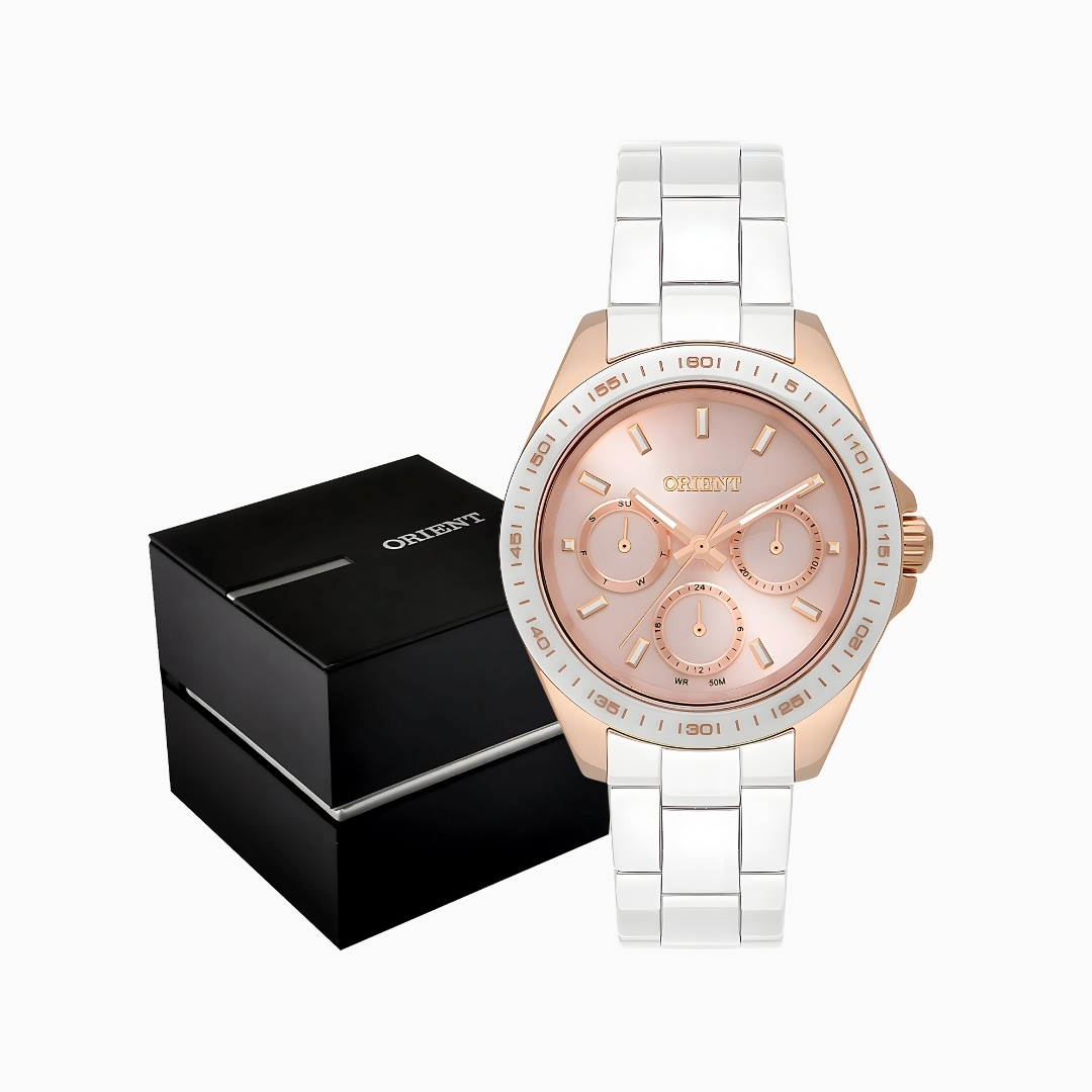 Relógio Orient Feminino Cerâmica Branco Rosê Multifunção