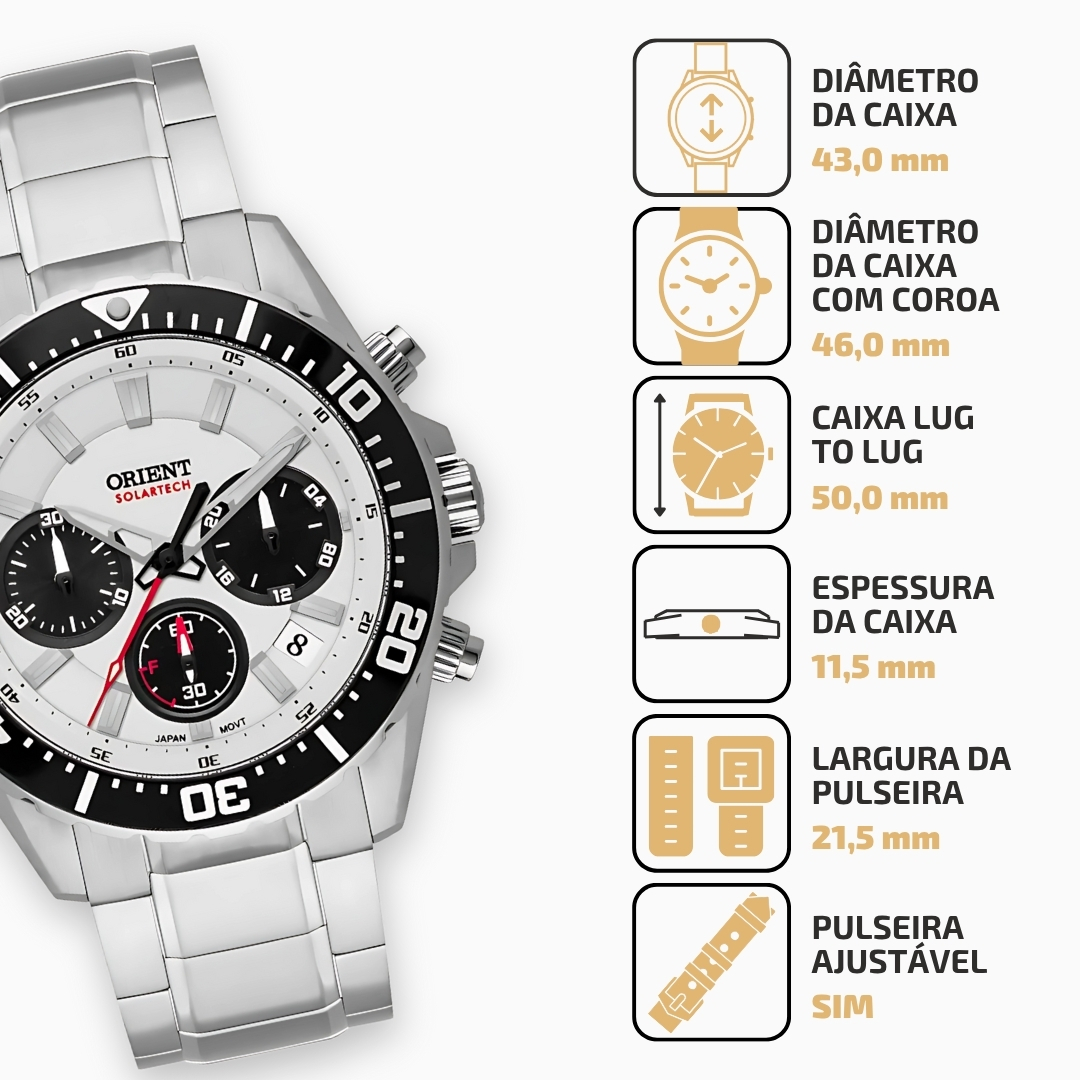 Relógio Orient Panda MBSSC288S1SX Masculino Aço Branco 43mm