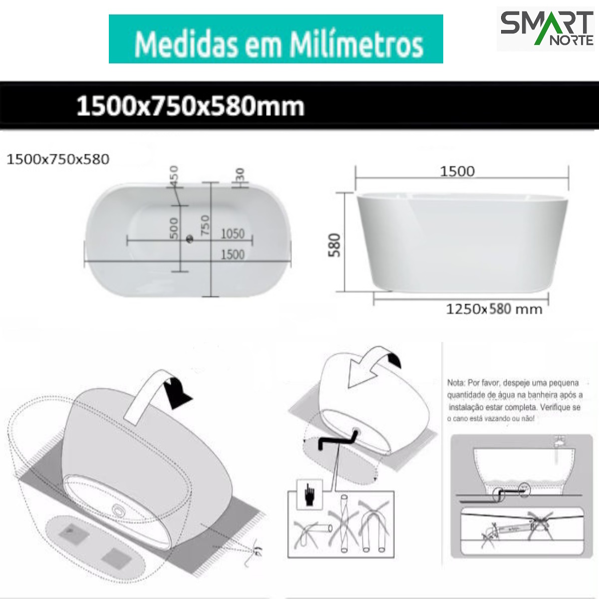 Banheira Imersao Freestanding Venezza 1.50m - Smart Norte