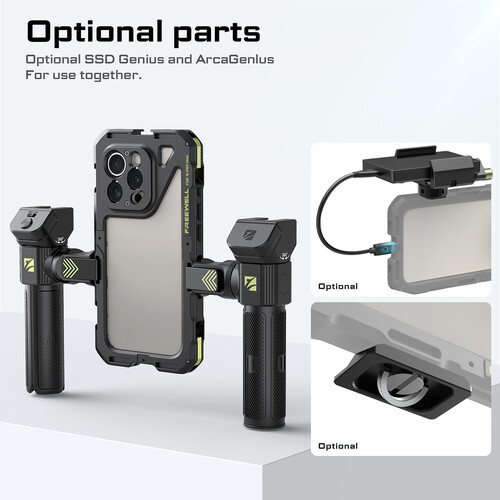 Freewell Genius Rig Cage voor iPhone 16 Pro Max - gereedschapsvrije installatie, multifunctioneel statief en monopod handgrepen, Bluetooth- afstandsbediening