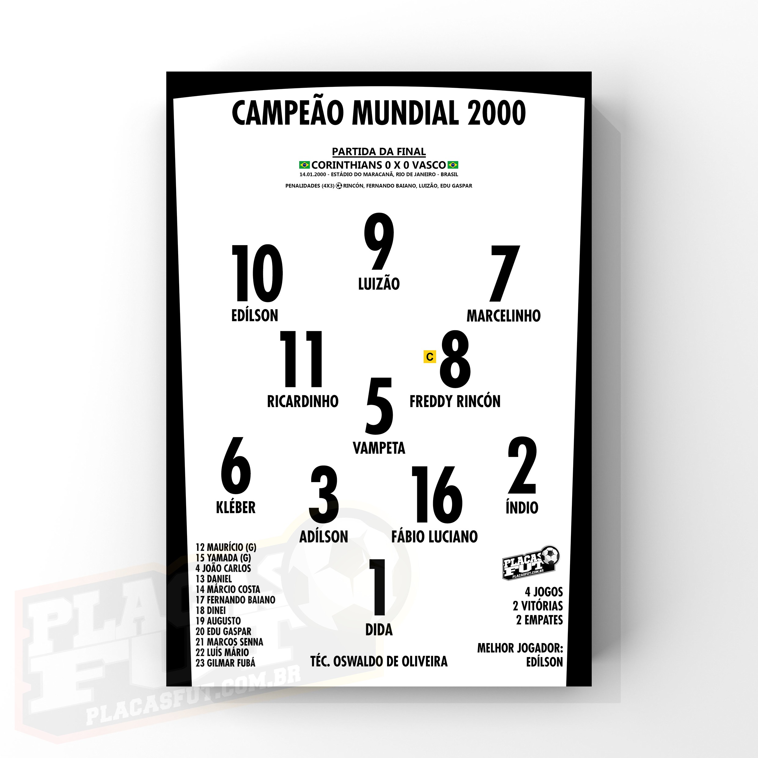 Quadro Escalação Final Campeão Mundial 2000 - PlacasFUT