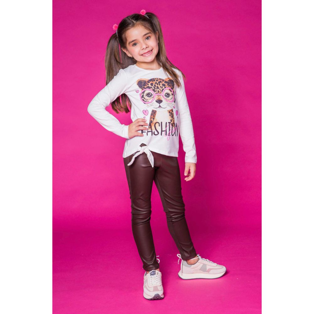 Conjunto Infantil Feminino Blusa Cotton e legging em Molecotton e Couro  Sintético Kukiê - Cute & Bambini Moda Infantil