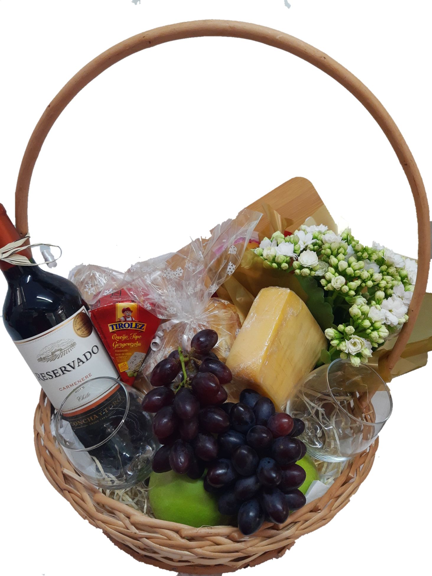 Cesta de Vinho e Queijo Luxo - Floricultura Toques do Coração - Botucatu/SP