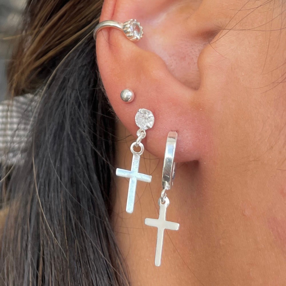 Brinco De Prata Piercing Corrente Orelha Cruz 925 Tendencia