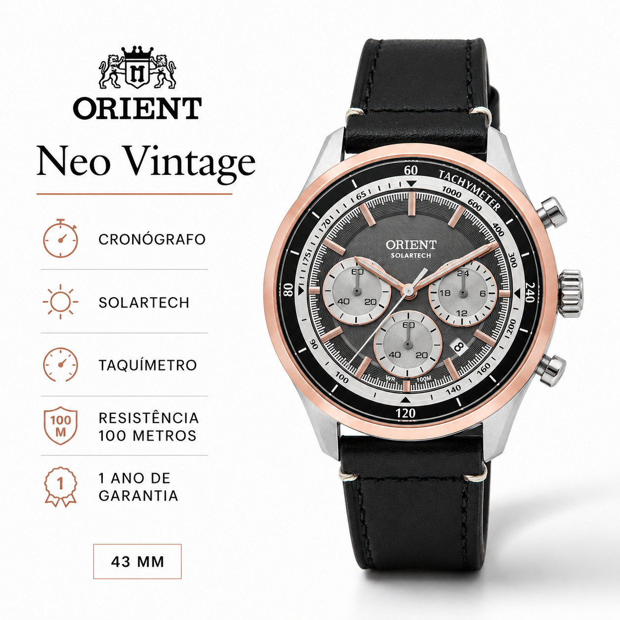 Relógio Orient Masculino Solartech Cronógrafo Safira Misto Rose