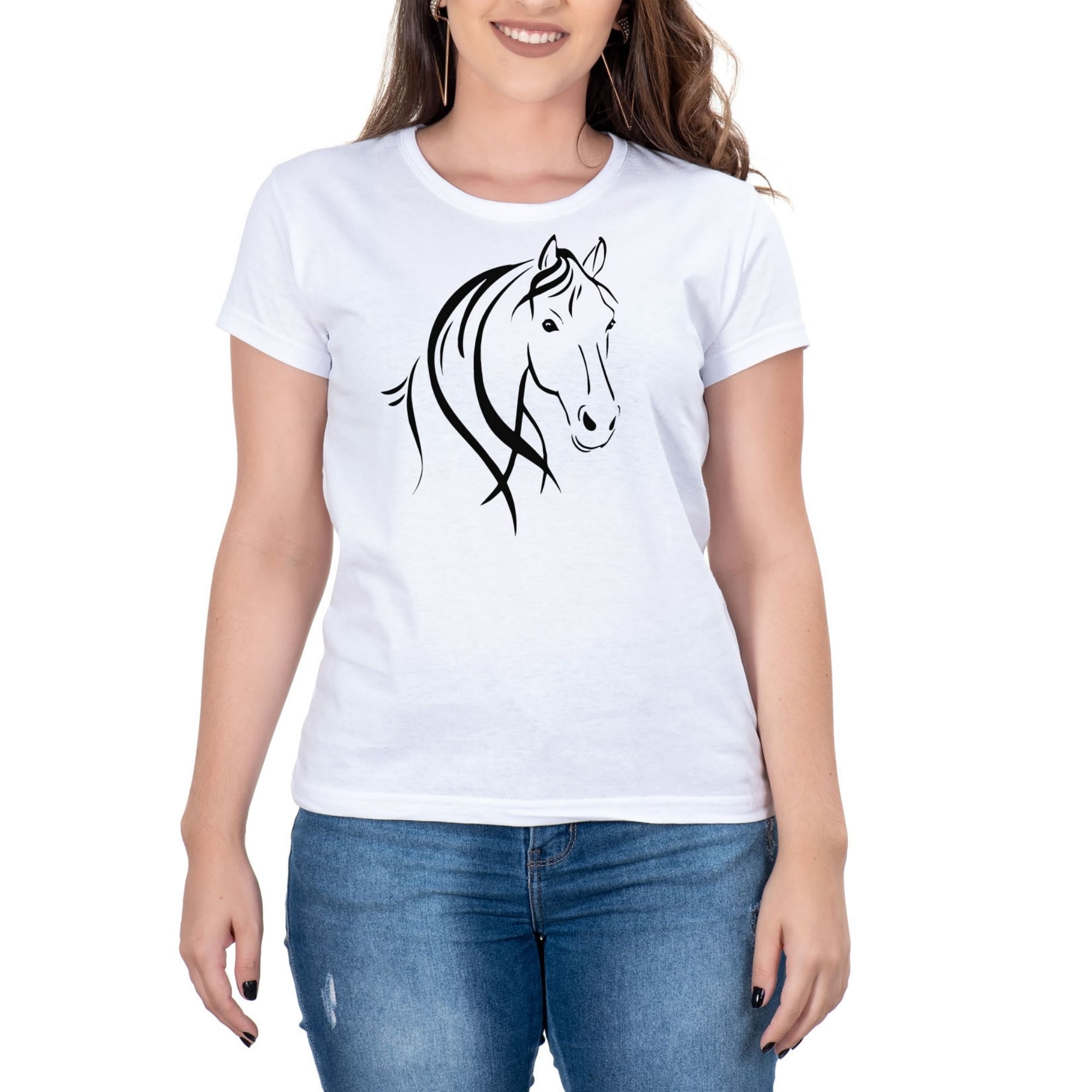 Camiseta Feminina Country Estampa Cavalo Manga curta Branca - Campero Botas  Country e Acessórios
