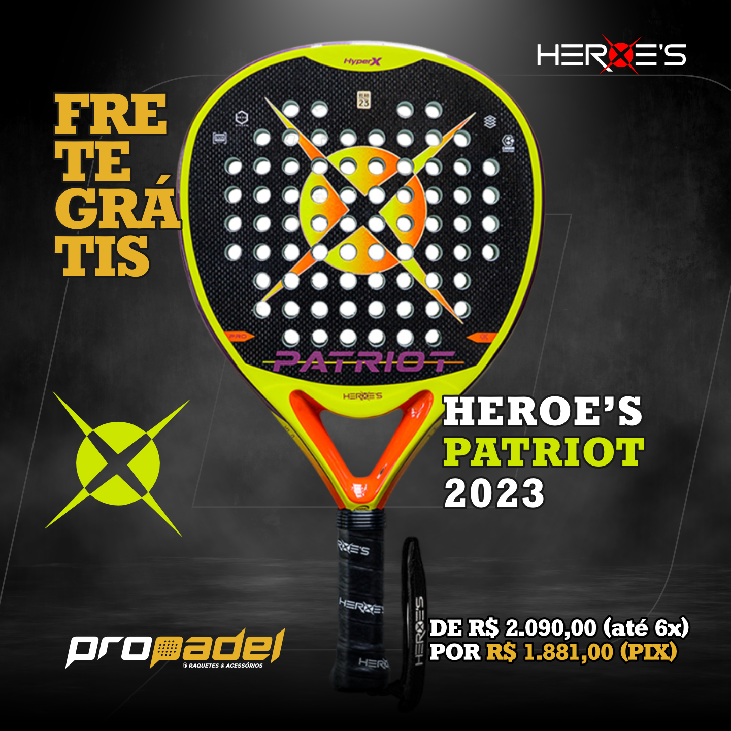 Raquette De Padel Heroe's Rowan Gold 2025 - Carbone 18K, Mousse EVA Noire, Poids 360g, Conçue Avec Tito Allemandi