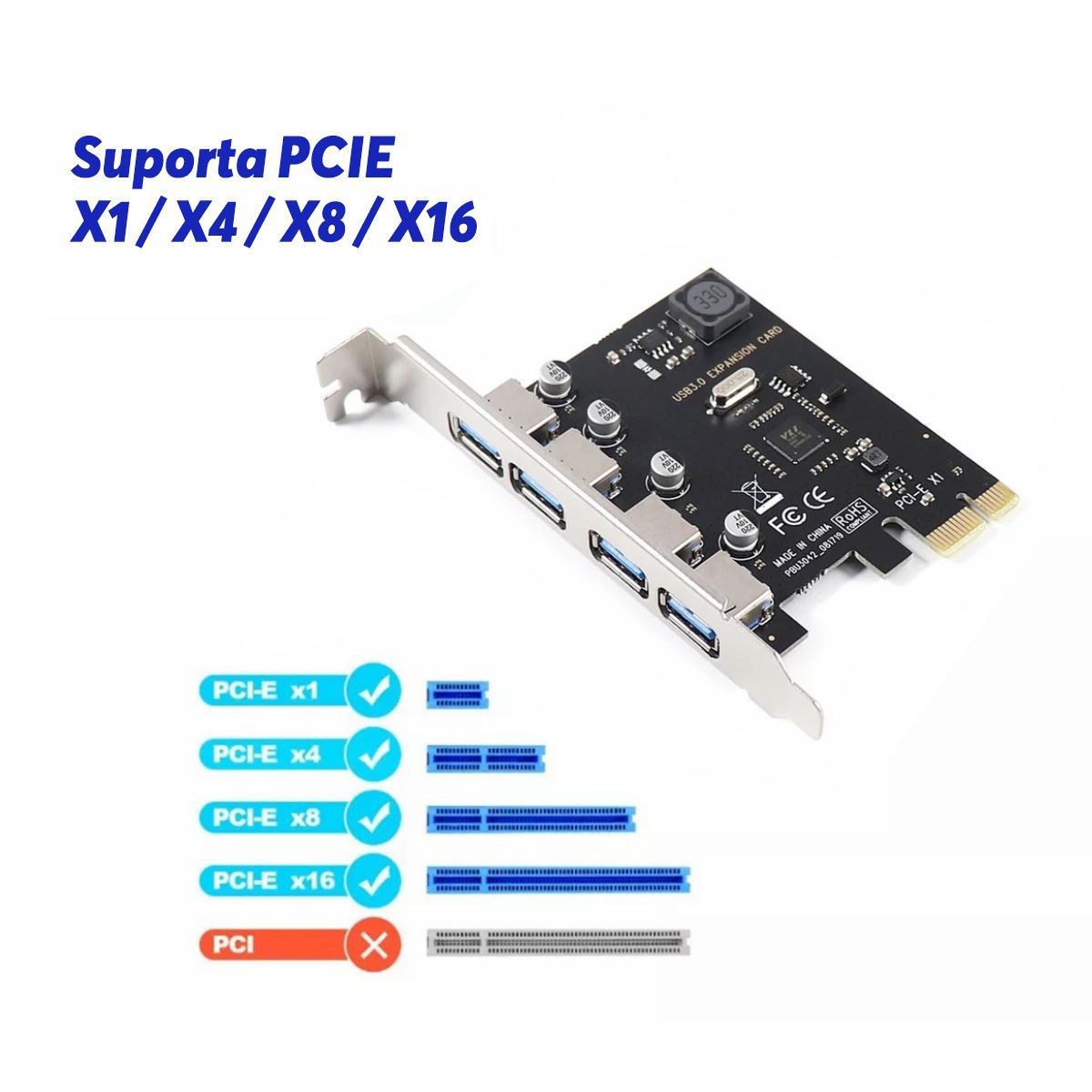 Placa Expansão PCI Express PCIe X1 X4 X8 X16 p/ USB 3.0 4 Portas ...