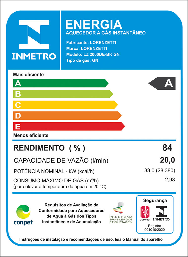Aquecedor De Água A Gás Lorenzetti 20 Litros LZ 2000DE-BK Preto GN