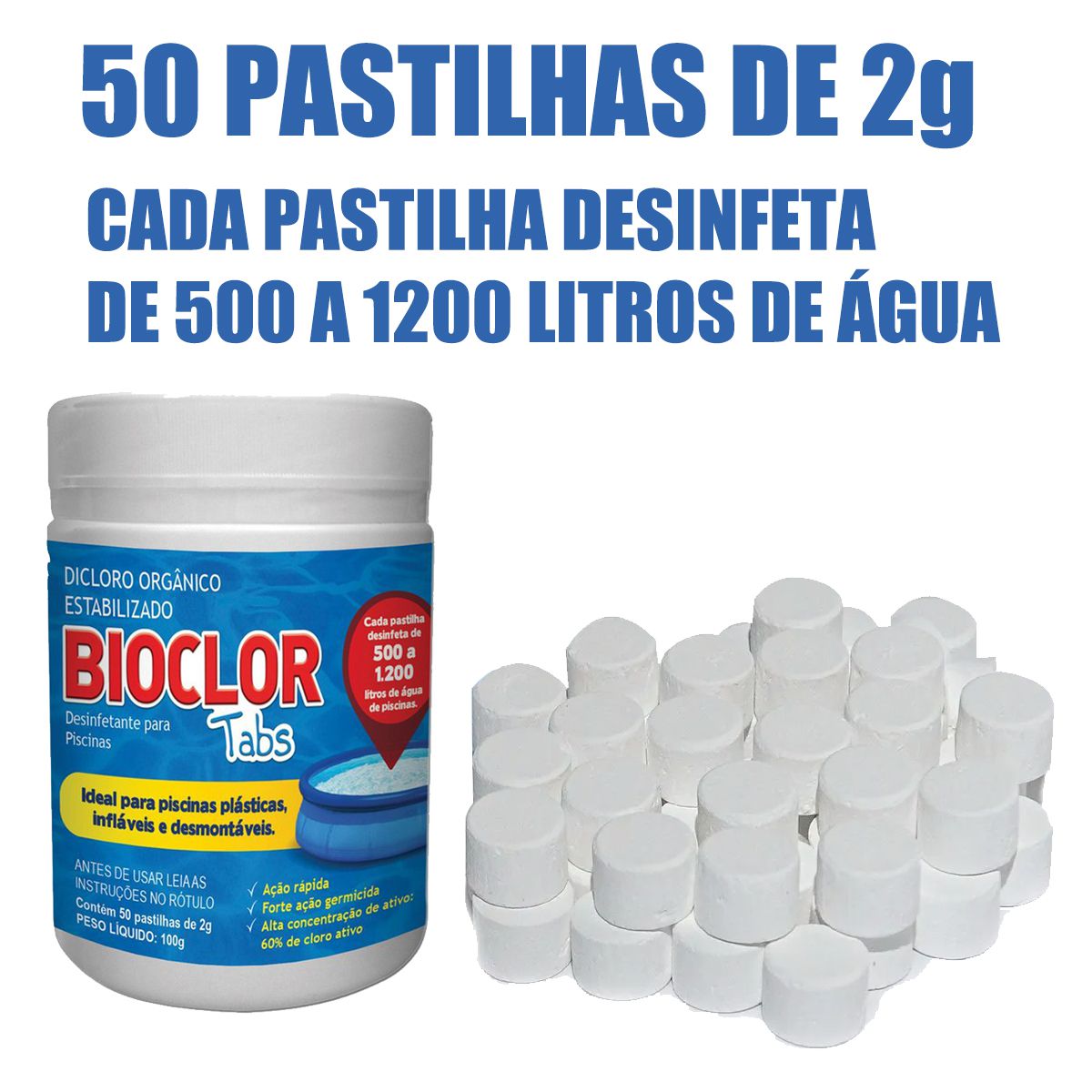 CLORO PARA PISCINA INFLÁVEL - BIOCLOR 2G - 50 PASTILHAS - Liquid Shop