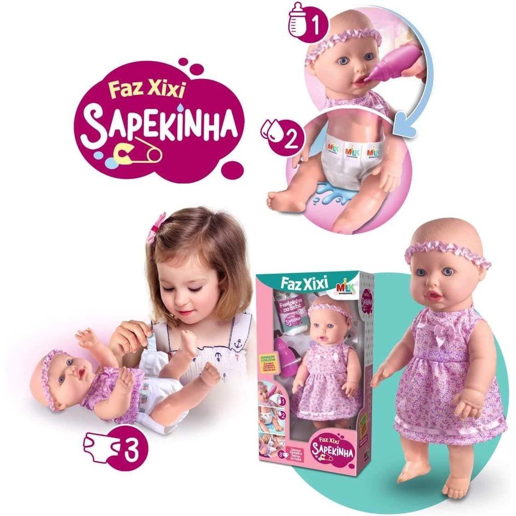 Boneca Sapekinha Faz Xixi com Fralda e Mamadeira Bebezão Milk Brinquedos -  Multiveste