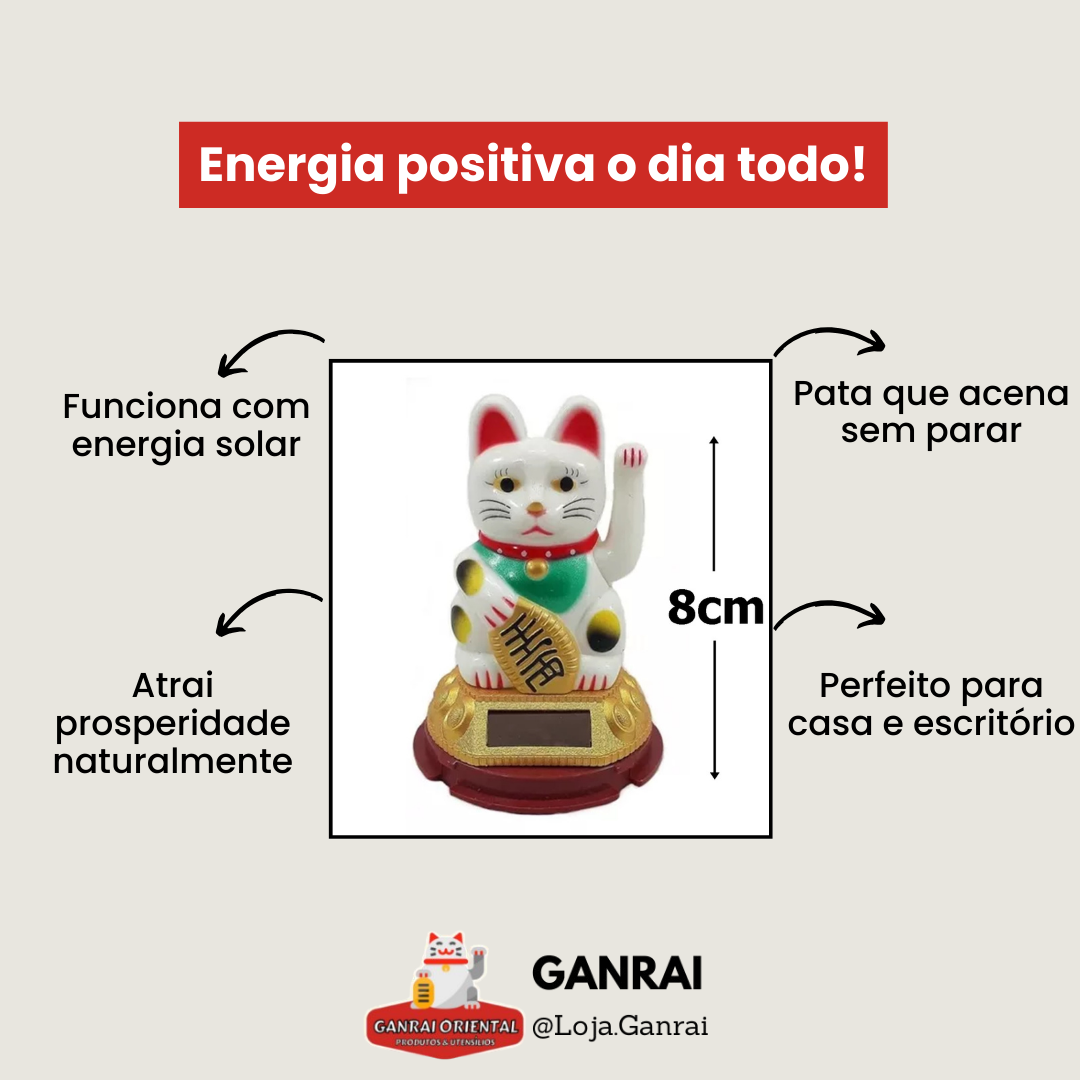 Gato da Sorte Branco Japonês Mexe Braço Solar Maneki Neko 8cm