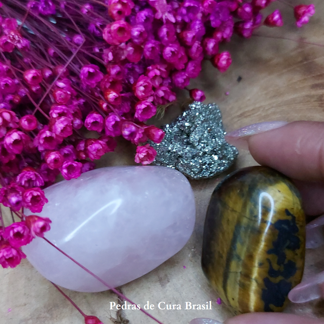 Pirita Rosa Kit cristais Touro- Pirita- Quartzo Rosa- Olho de Tigre - Pedras de ...