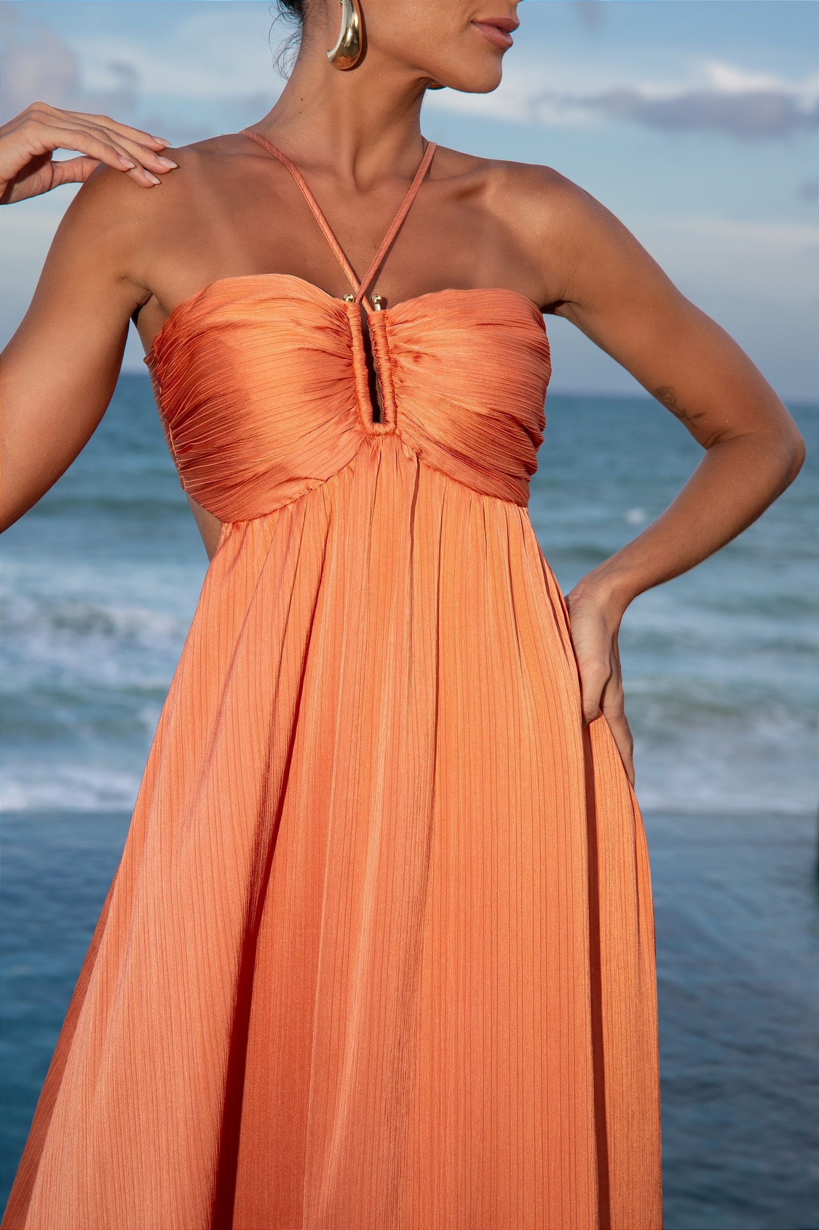 VESTIDO FRANZIDO LONGO LARANJA main image 0