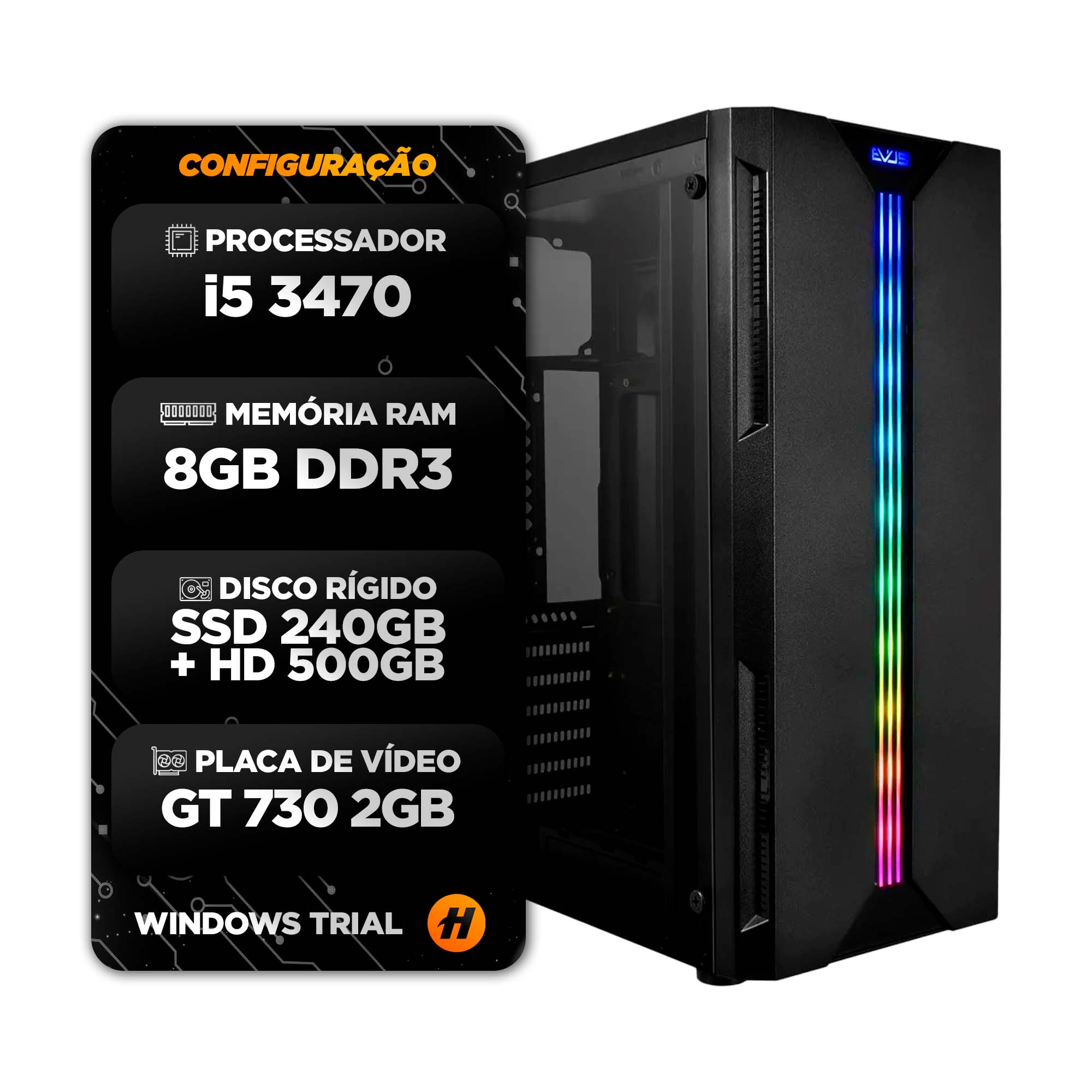 Computador Gamer Completo, I5-3470, 16GB, 240GB, RX 550