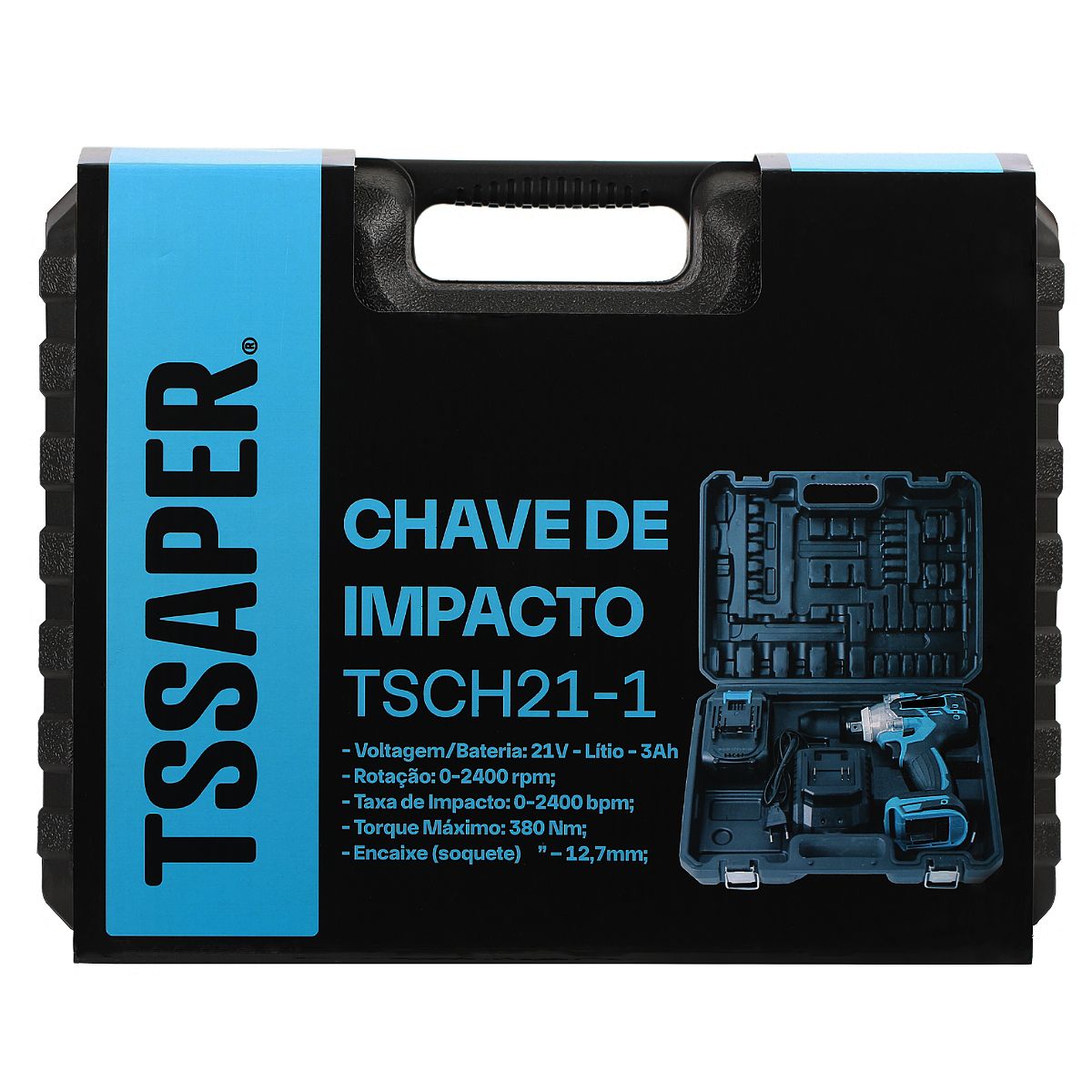 Chave de impacto 21v torque de 380nm com bateria, maleta e soquete