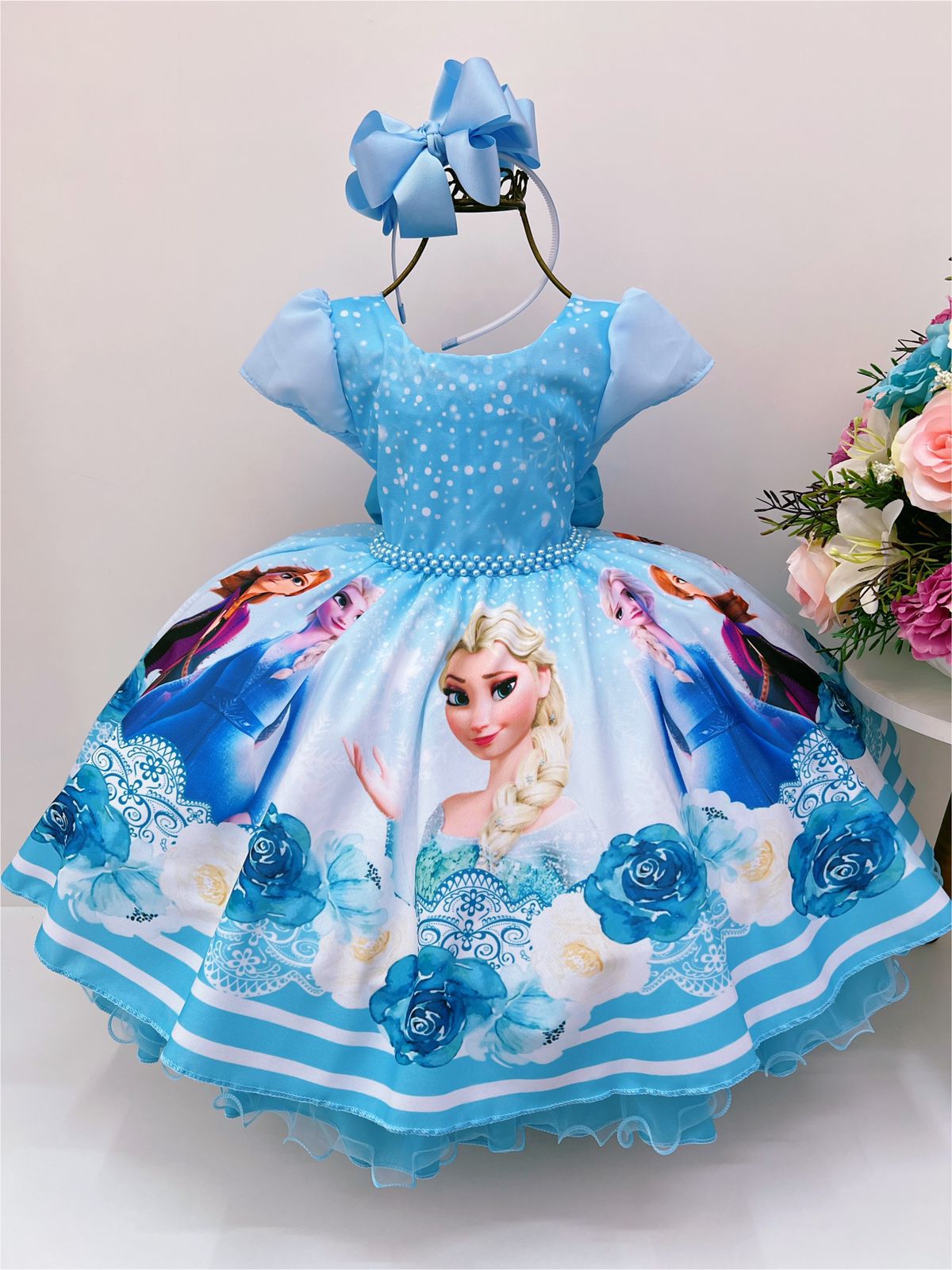 Vestido Infantil Frozen Elsa e Anna Azul Luxo - Fabuloso Ateliê