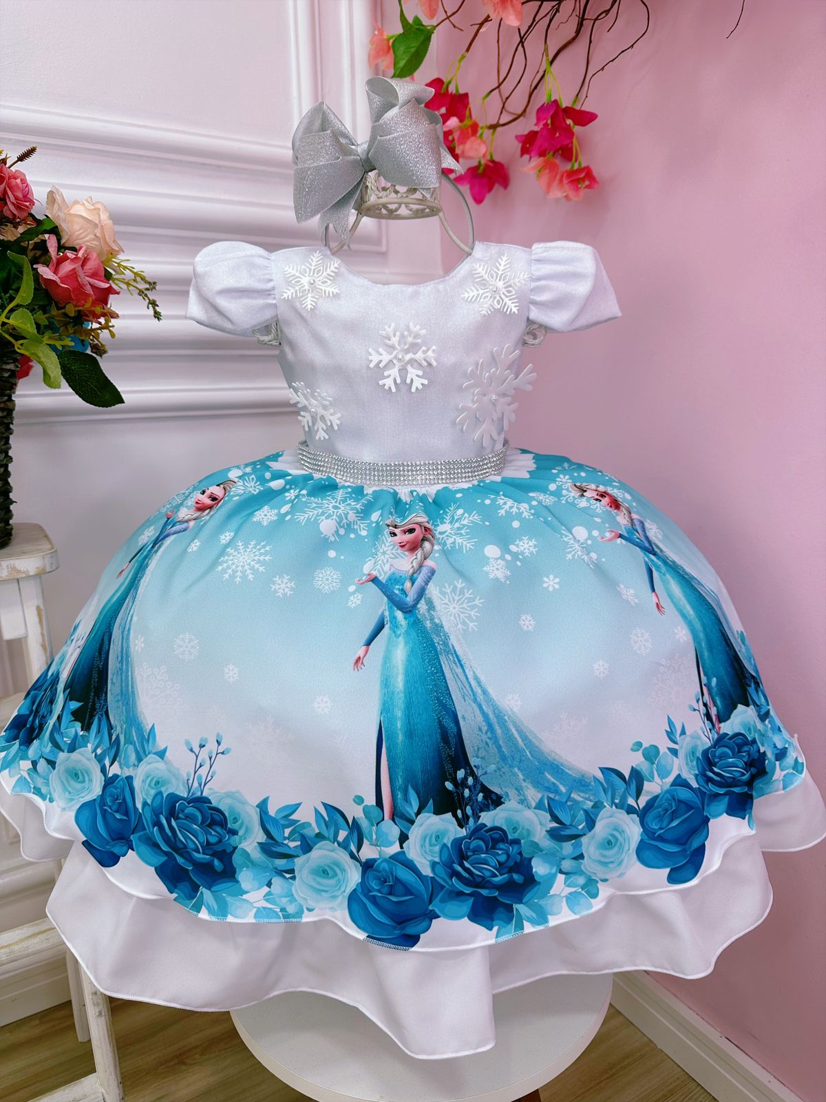 Vestido infantil festa Frozen Elsa e a Anna cor azul com branco