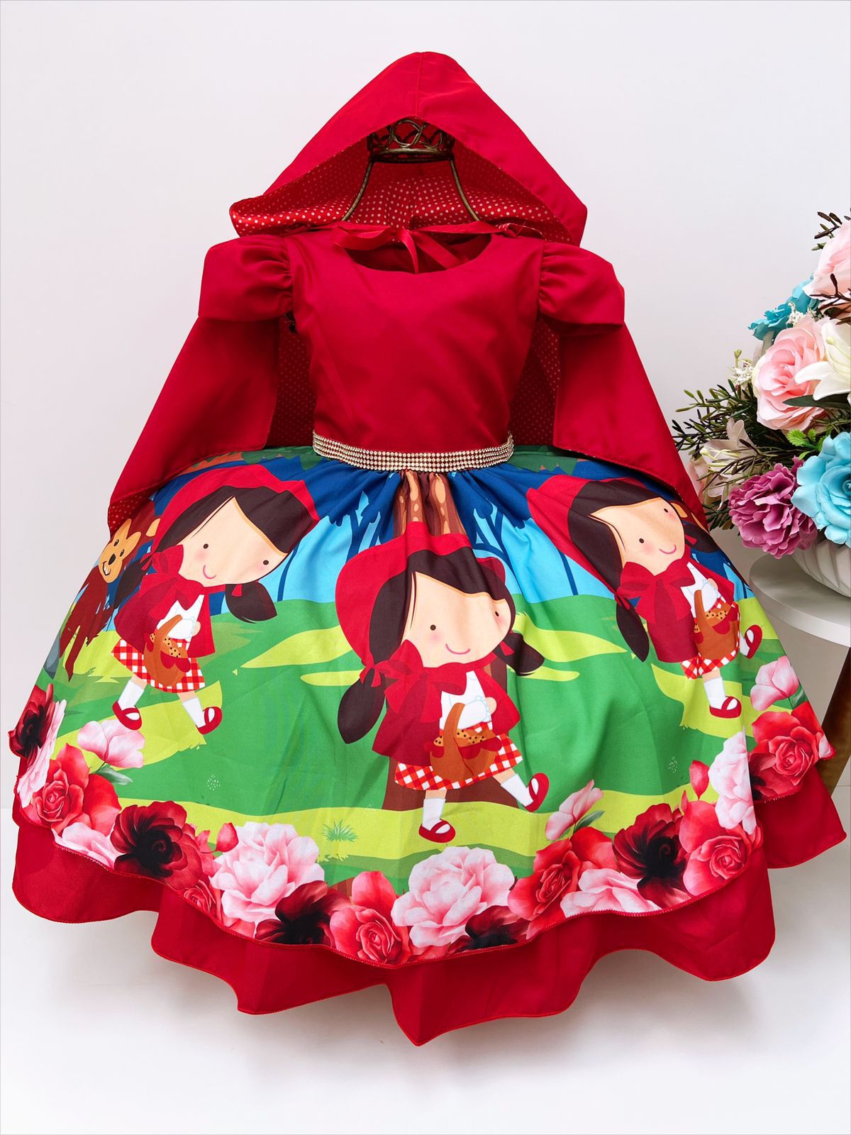 Vestido festa infantil da chapeuzinho vermelho e capa vermelha