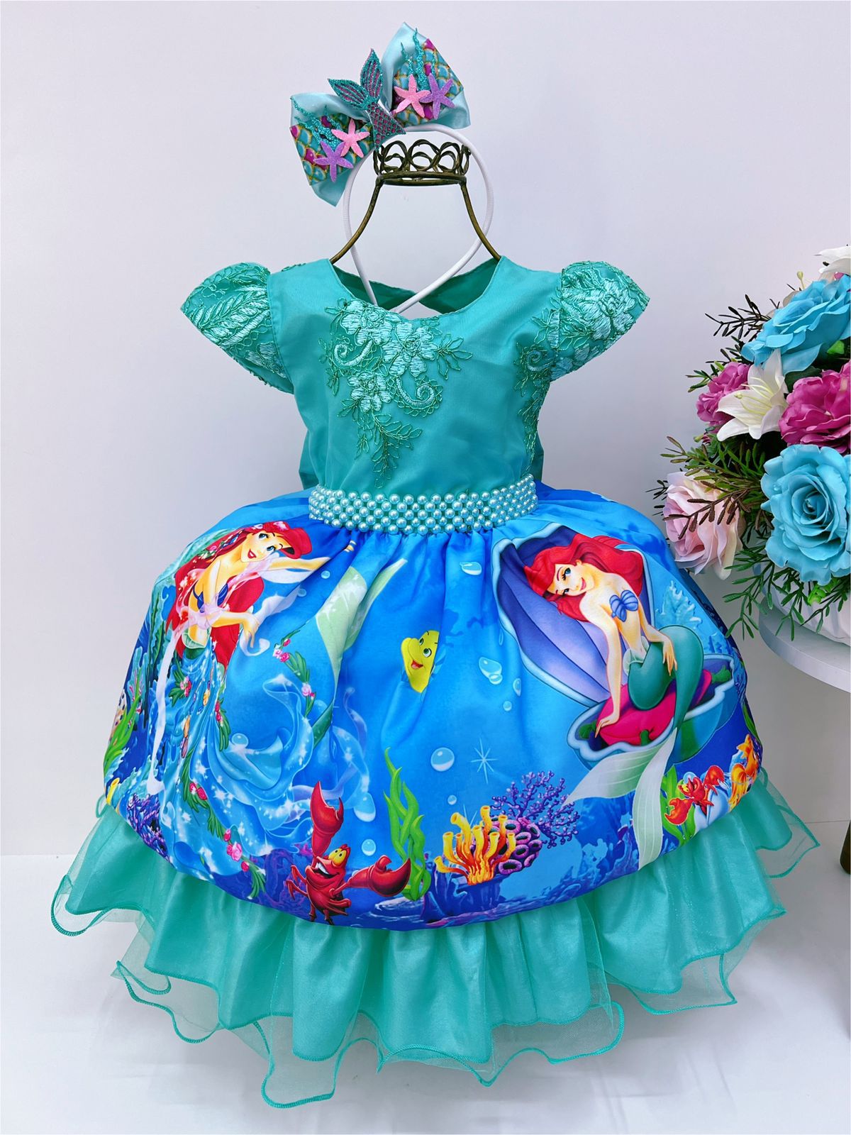 Vestido De Festa Luxo Infantil Ariel Pequena Sereia C/Tiara (1