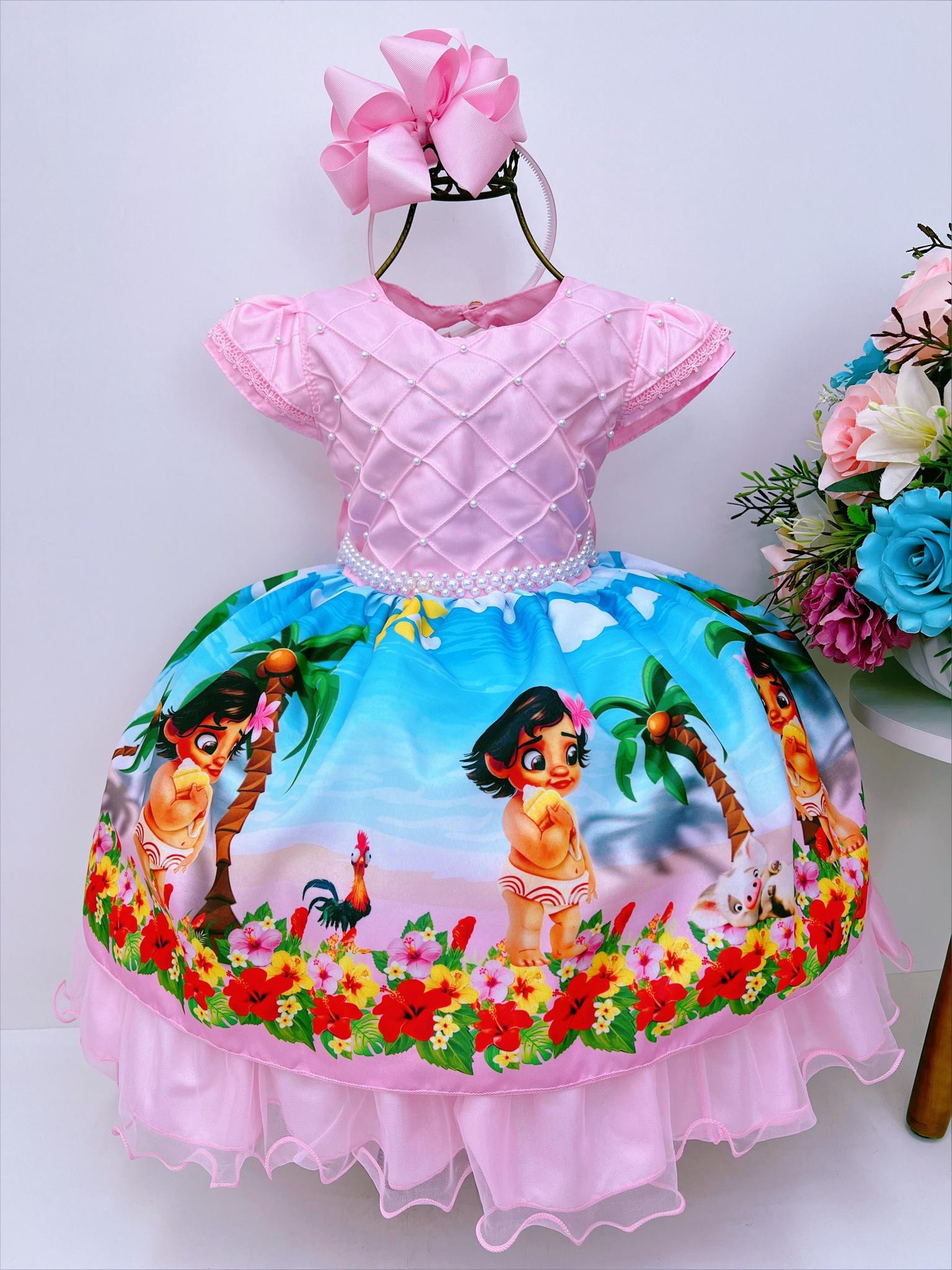 Vestido Infantil Tema Moana Baby Festa Roupa Luxo Promoção