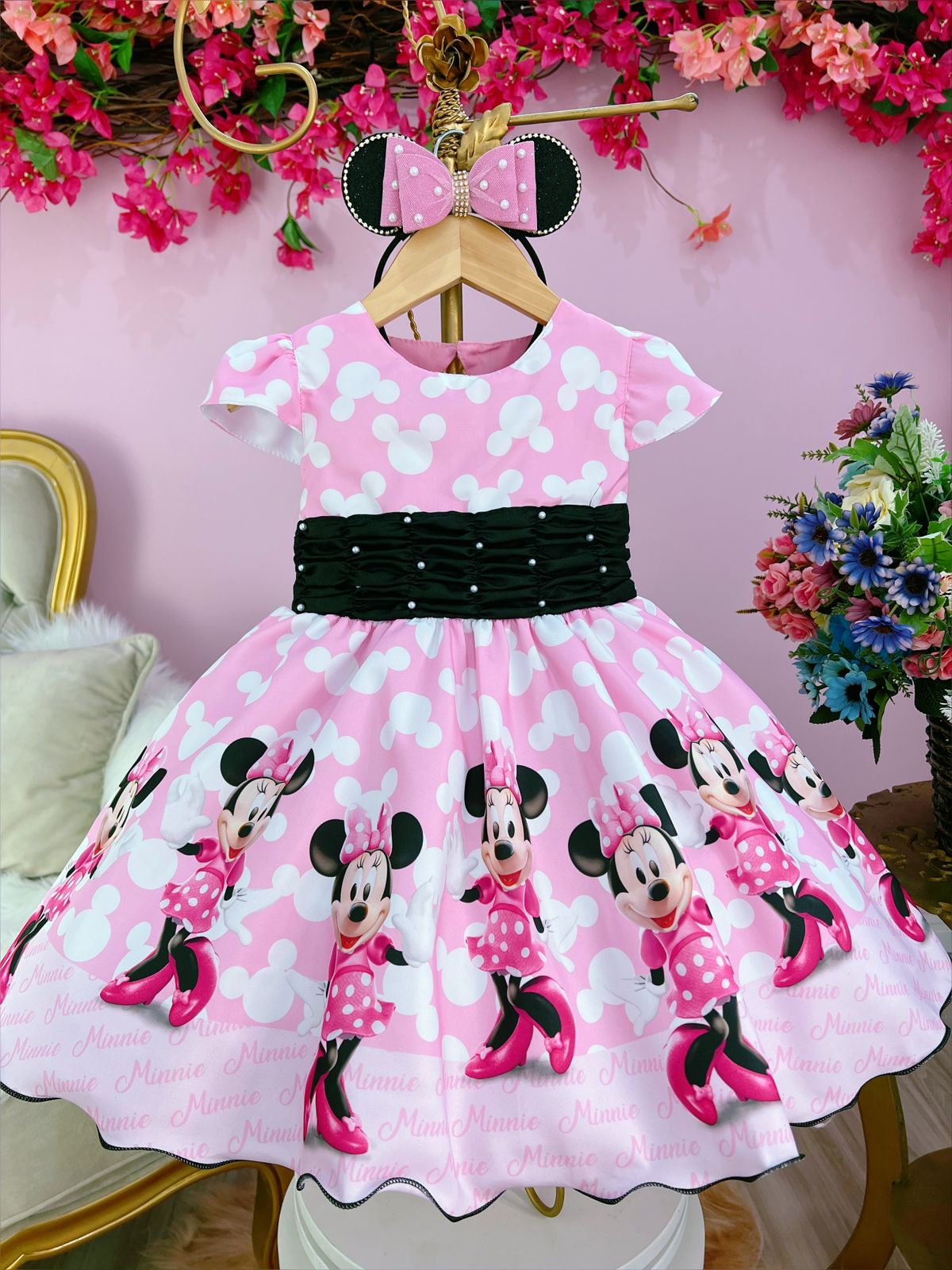 Vestido Infantil Minnie Rosa Temáticos Tiara Luxo - Fabuloso Ateliê