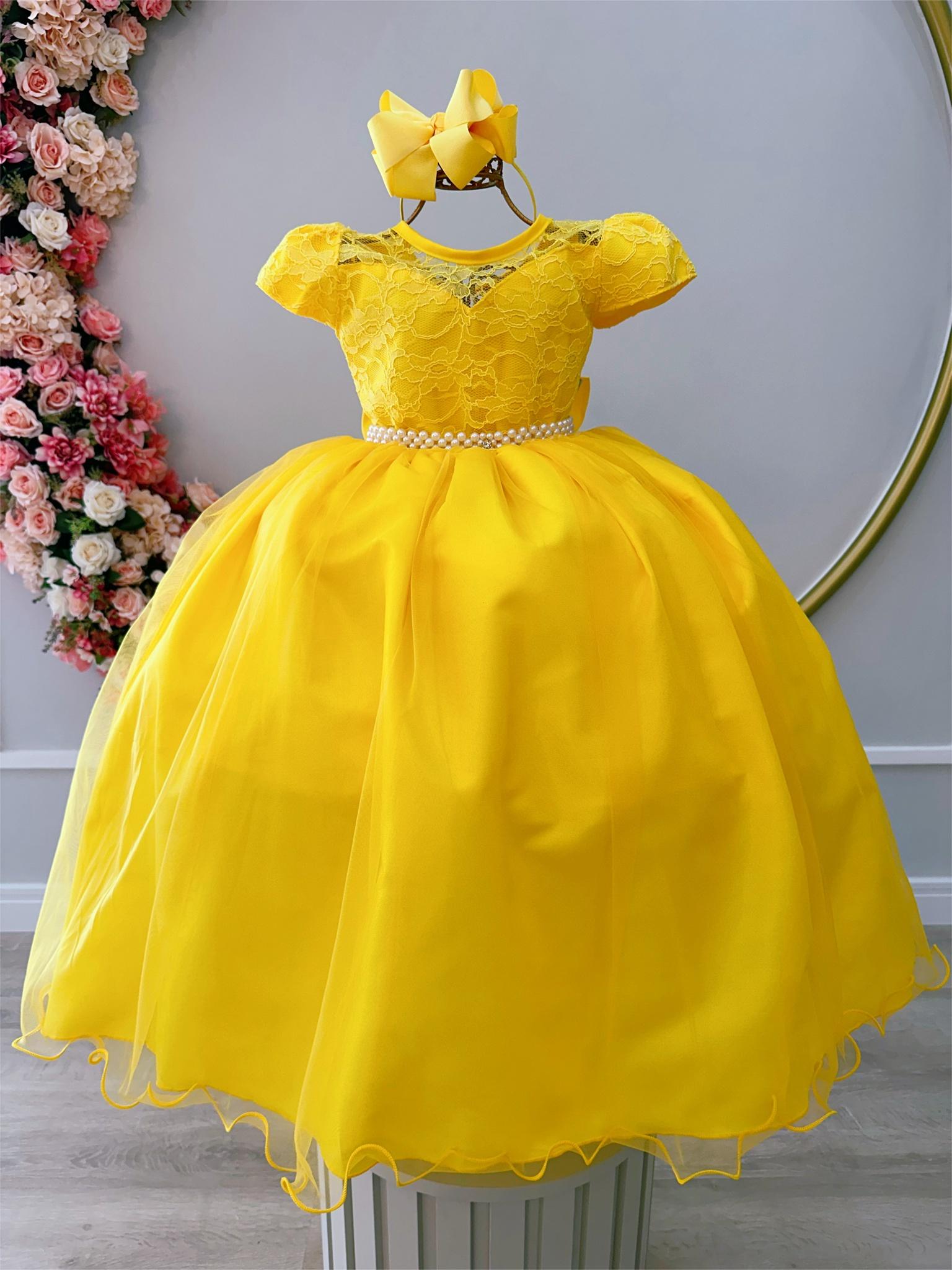 Vestido Infantil Amarelo Damas de Honra Renda Pérolas - Fabuloso Ateliê