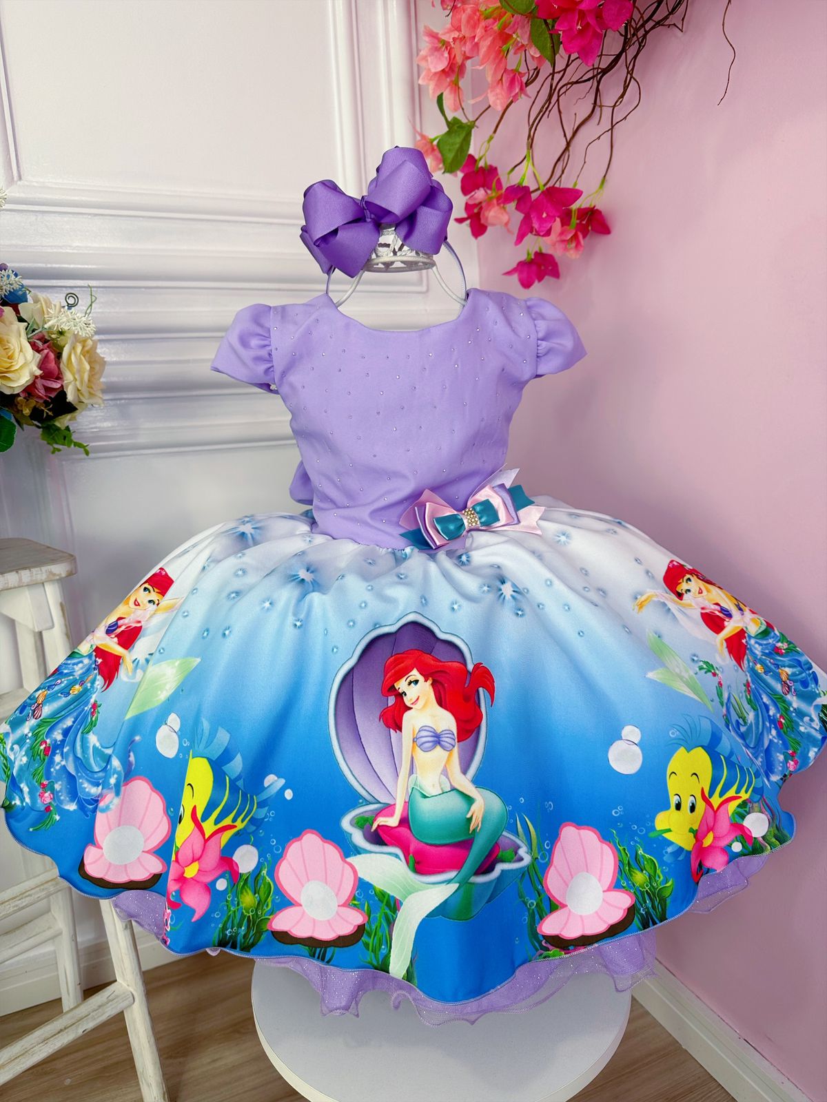 Vestido De Festa Luxo Infantil Ariel Pequena Sereia C/Tiara (1