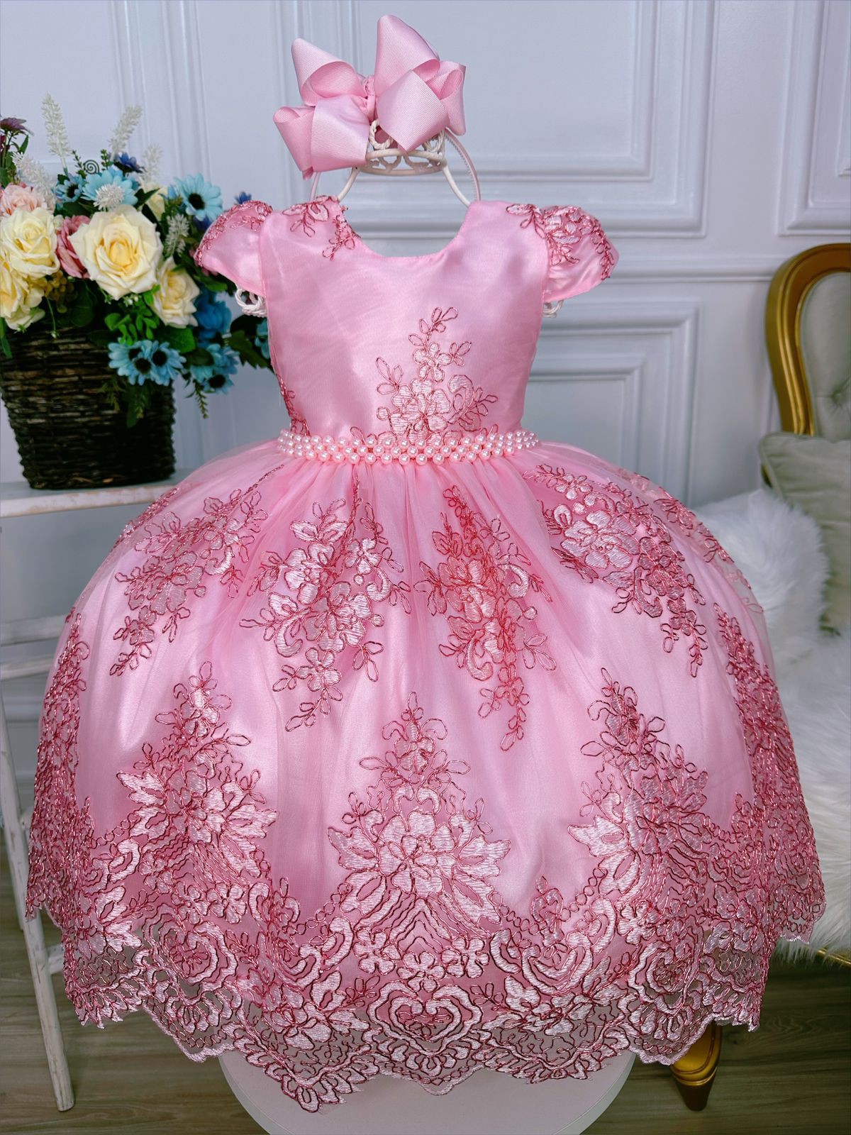 Vestido Infantil Princesa Rosa com Cinto Pérolas - Fabuloso Ateliê