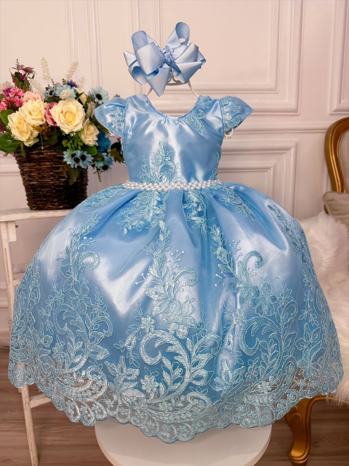 Vestido Infantil Princesa Cinderela Renda Azul Luxo - Fabuloso Ateliê