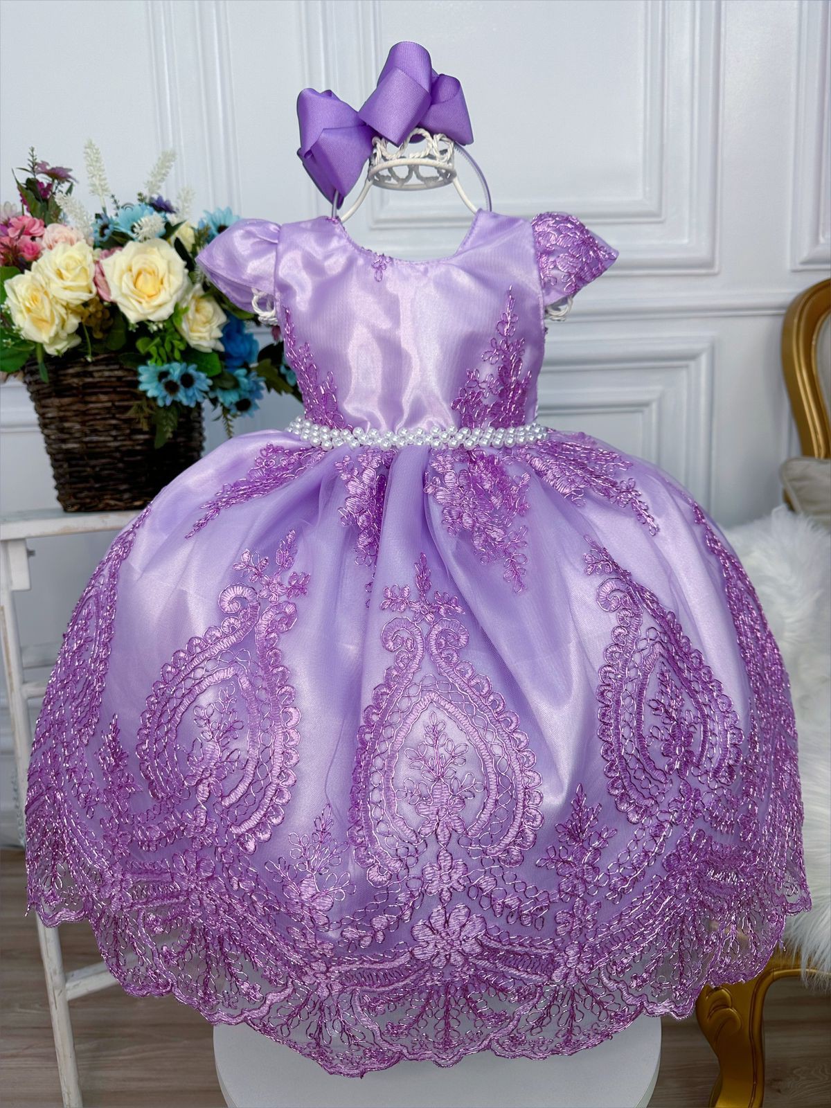 VESTIDO INFANTIL REALEZA LILÁS RENDA PÉROLAS PRINCESA LUXO