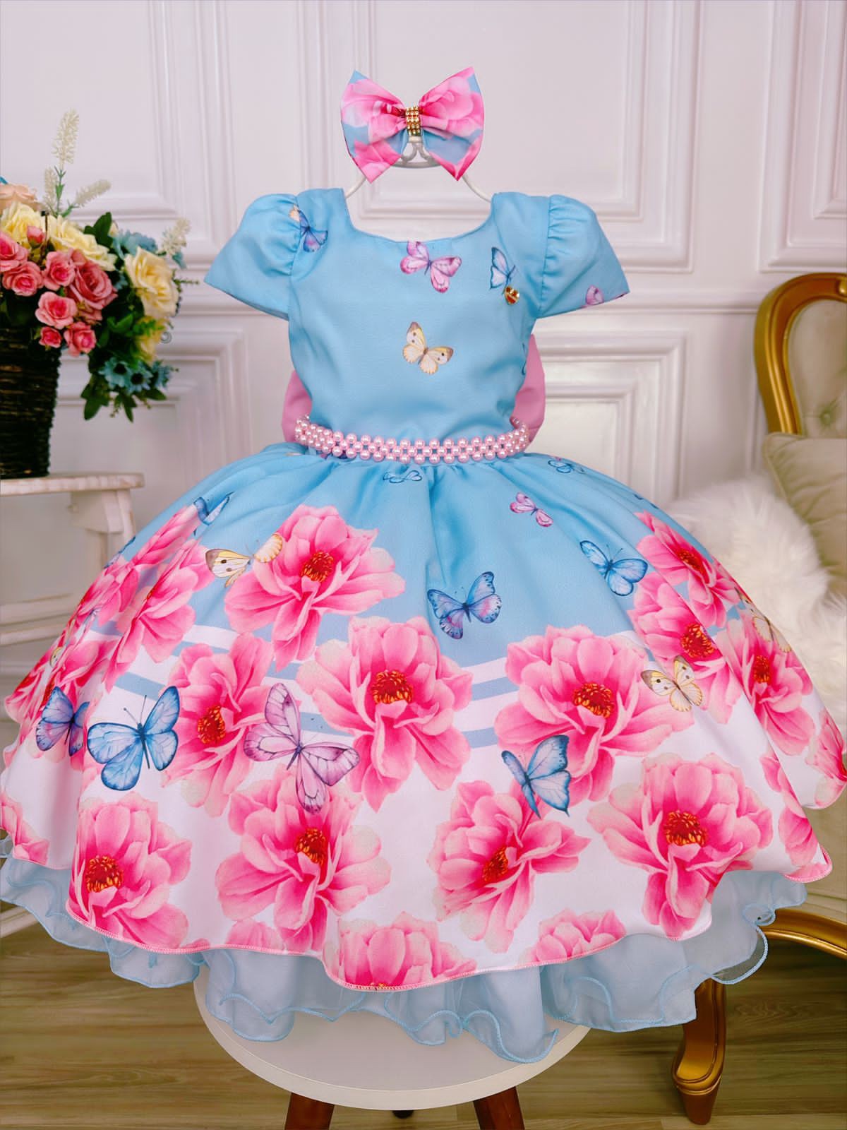 Vestido Infantil Princesas Rosa Cinto de Pérolas e Laço - Fabuloso Ateliê