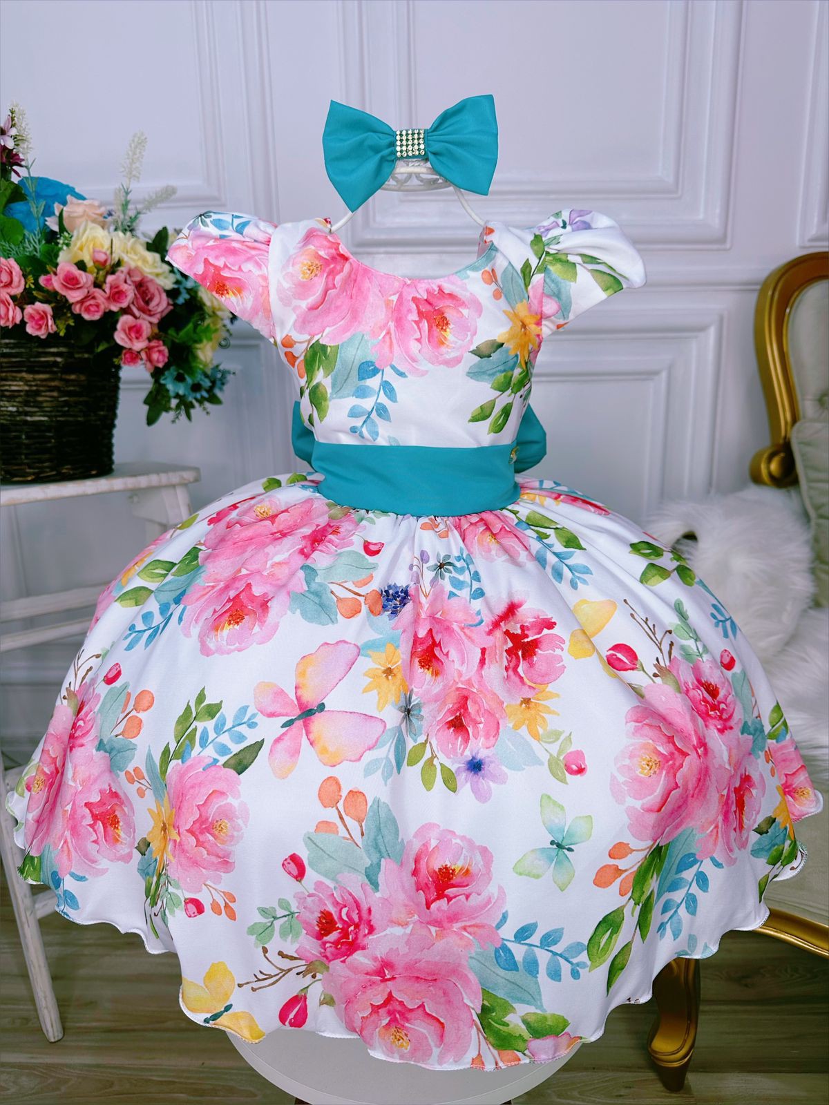 Vestido Infantil Branco e Vermelho Floral Luxo Princesa Dama