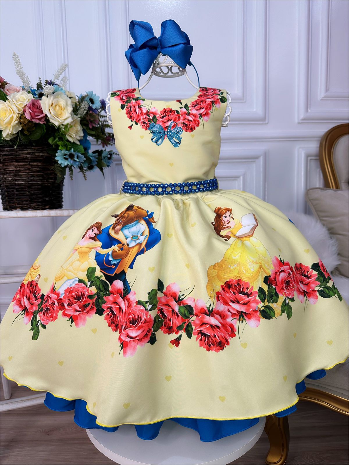 Vestido festa infantil da Cinderela azul com detalhes amarelo