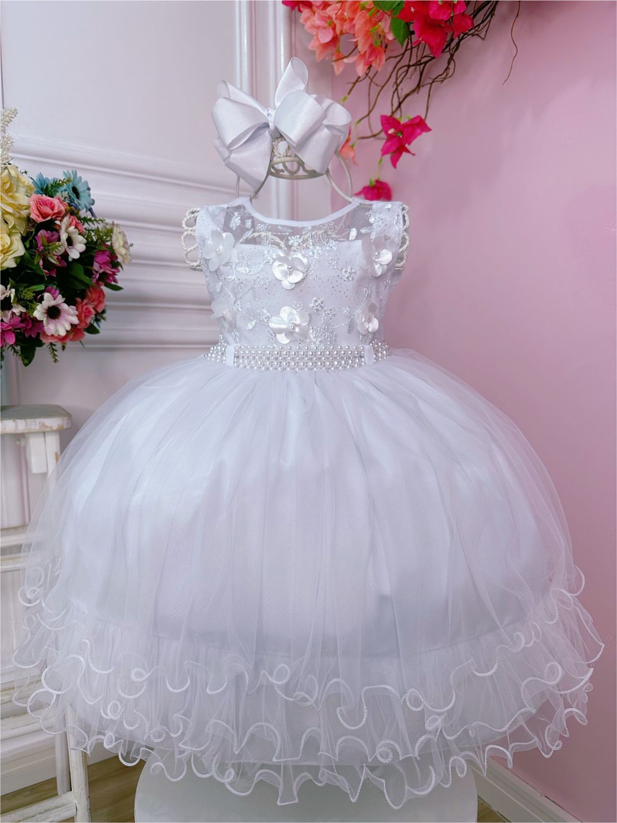 Vestido com flor e renda para meninas, vestido de princesa com